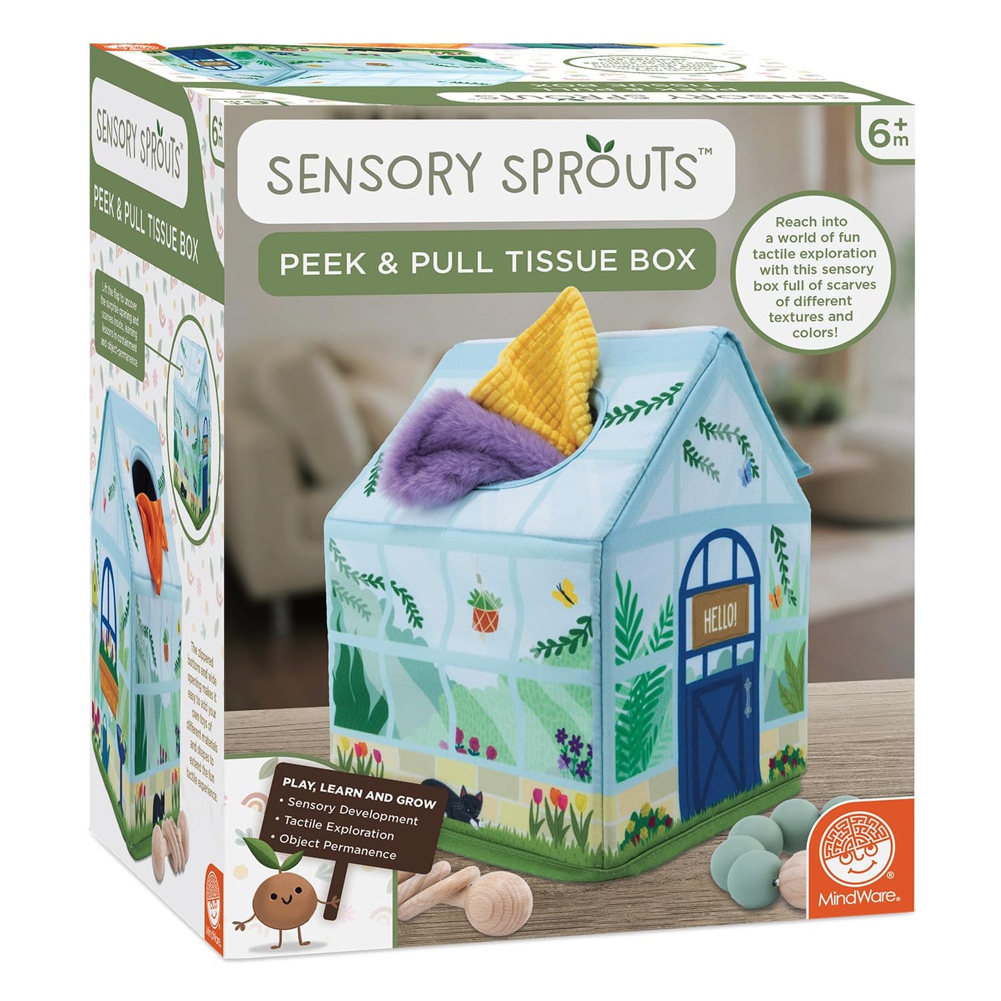 MindWare Sensory Sprouts Tissue Scarf - Montessori Toys for Babies 6-12 Months - Soft Greenhouse-Shaped Tissue Box and 12 Sensory Scarves Featuring Different Textures