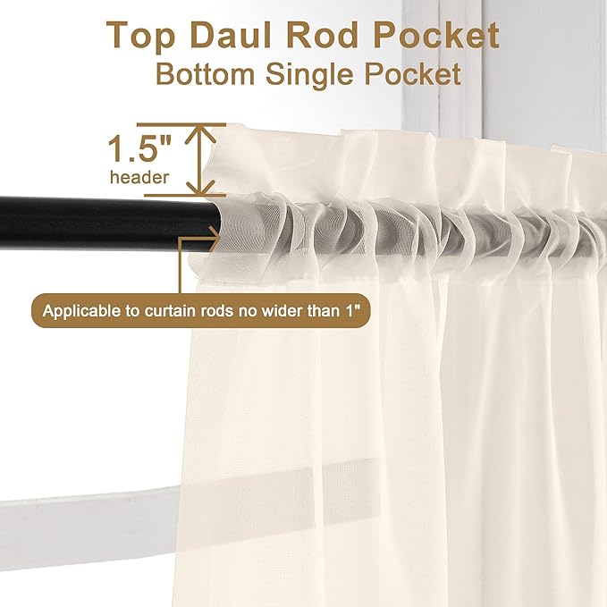 Chyhomenyc Cream Sheer Curtains 96 Inches Long - Light Filtering Solid Voile Window Panel Drapes for Bedroom, Elegant Soft Breathable Living Room Sheer Curtains, Each 42Wx96L Inch, 2 Panels