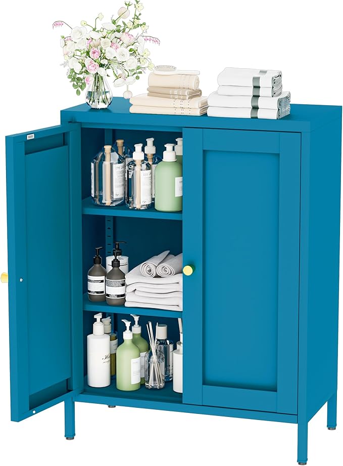 Coffee Bar Cabinet, Metal Sideboard Buffet Cabinet,Metal Storage Cabinet with 2 Doors and Adjustable Shelves for Kitche, Living Room, Entryway, Bathroom,Office (Blue, 31.5" H)