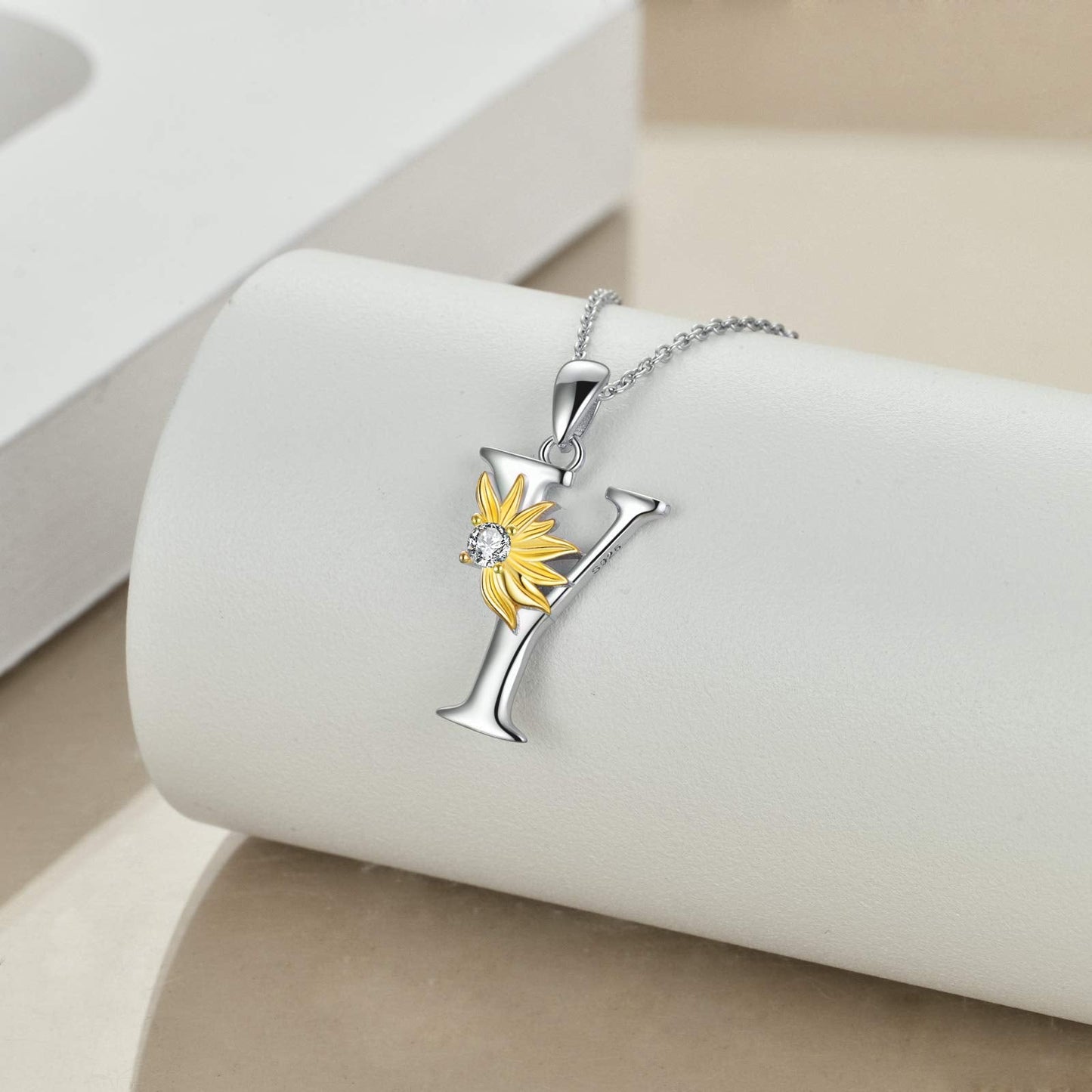 POPLYKE Sterling Silver Initial Alphabet Letter Script Name Pendant Chain Necklace for Women for (Sunflower Y)