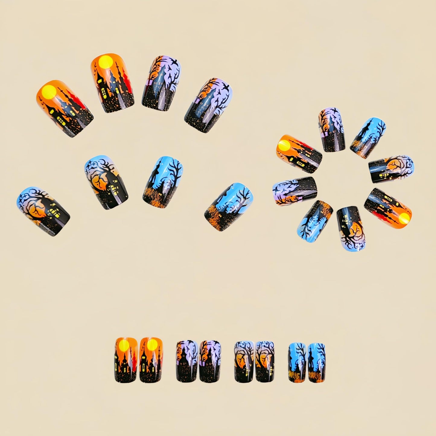 Square Hallowen Fake Nail Castle Forest Nails Press ons Terror Medium Length False Nail with Design Gradient Artificial Acrylic Nails Halloween Glue on Nail for Women 24Pcs