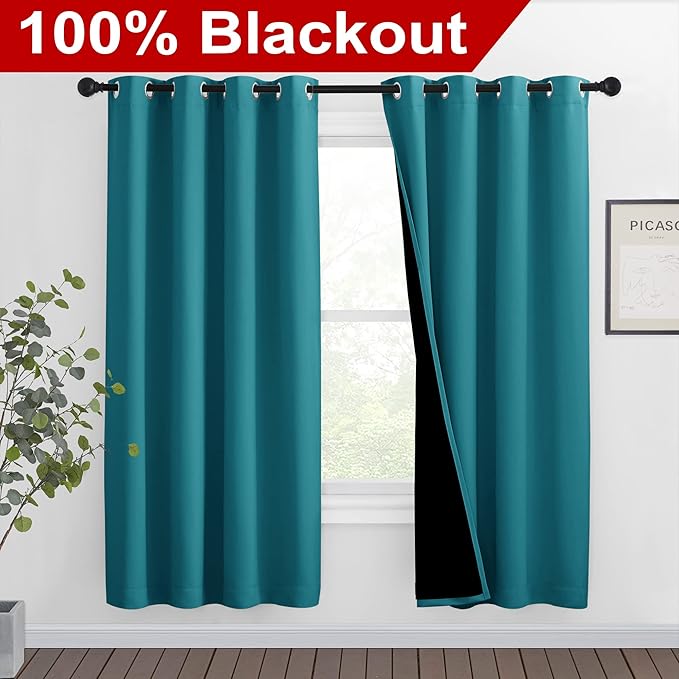 NICETOWN 100% Blackout Window Curtain Panels, Full Light Blocking Drapes with Black Liner for Nursery, 72-inch Drop Thermal Insulated Draperies (Peacock Teal, 2 Pieces, 46-inch Wide Per Panel)