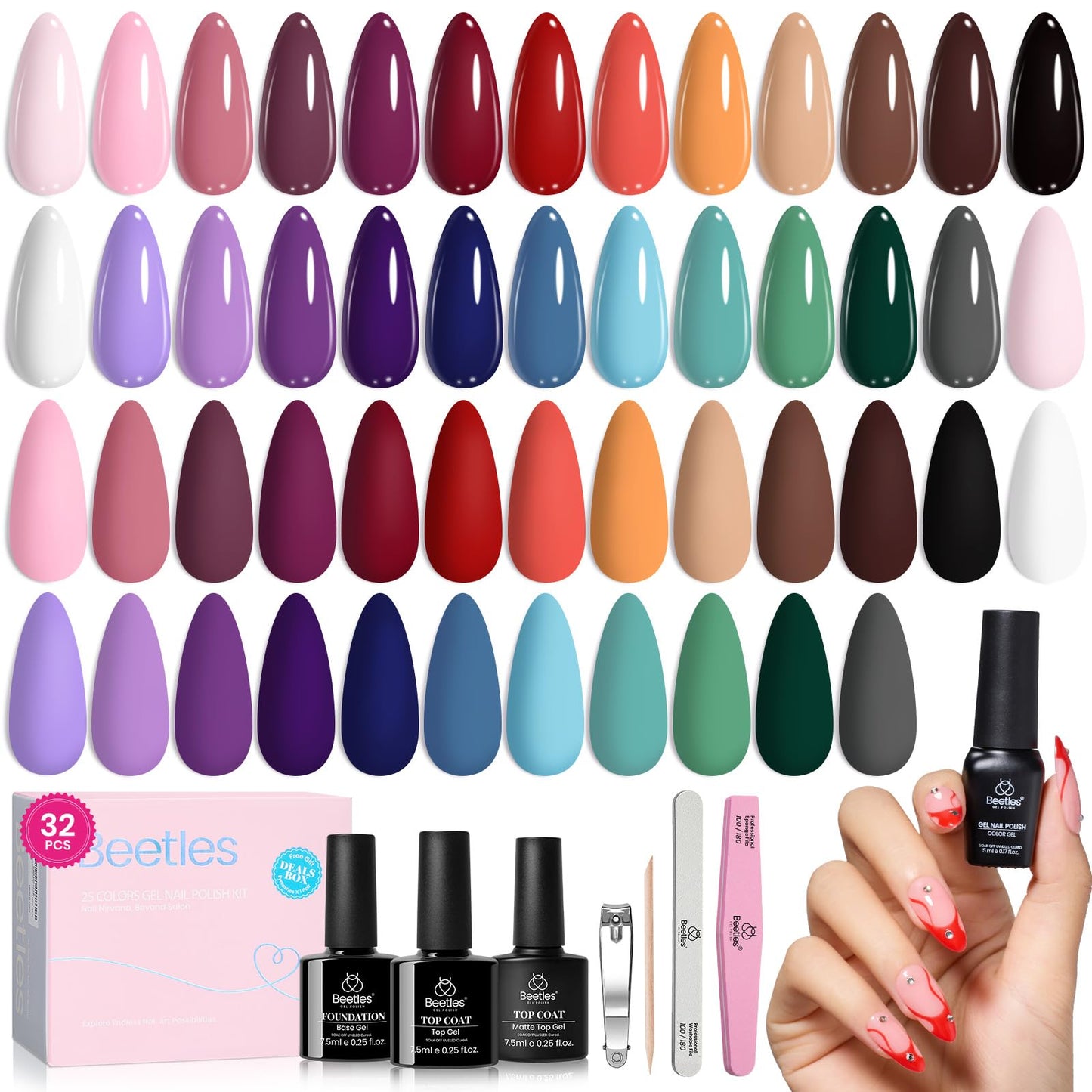Beetles French Tip Press On Nails: 150 Pcs Pink Short Square Press On Nails with Gel Polish 25 Colors Fall Winter Gel Nail Polish Set