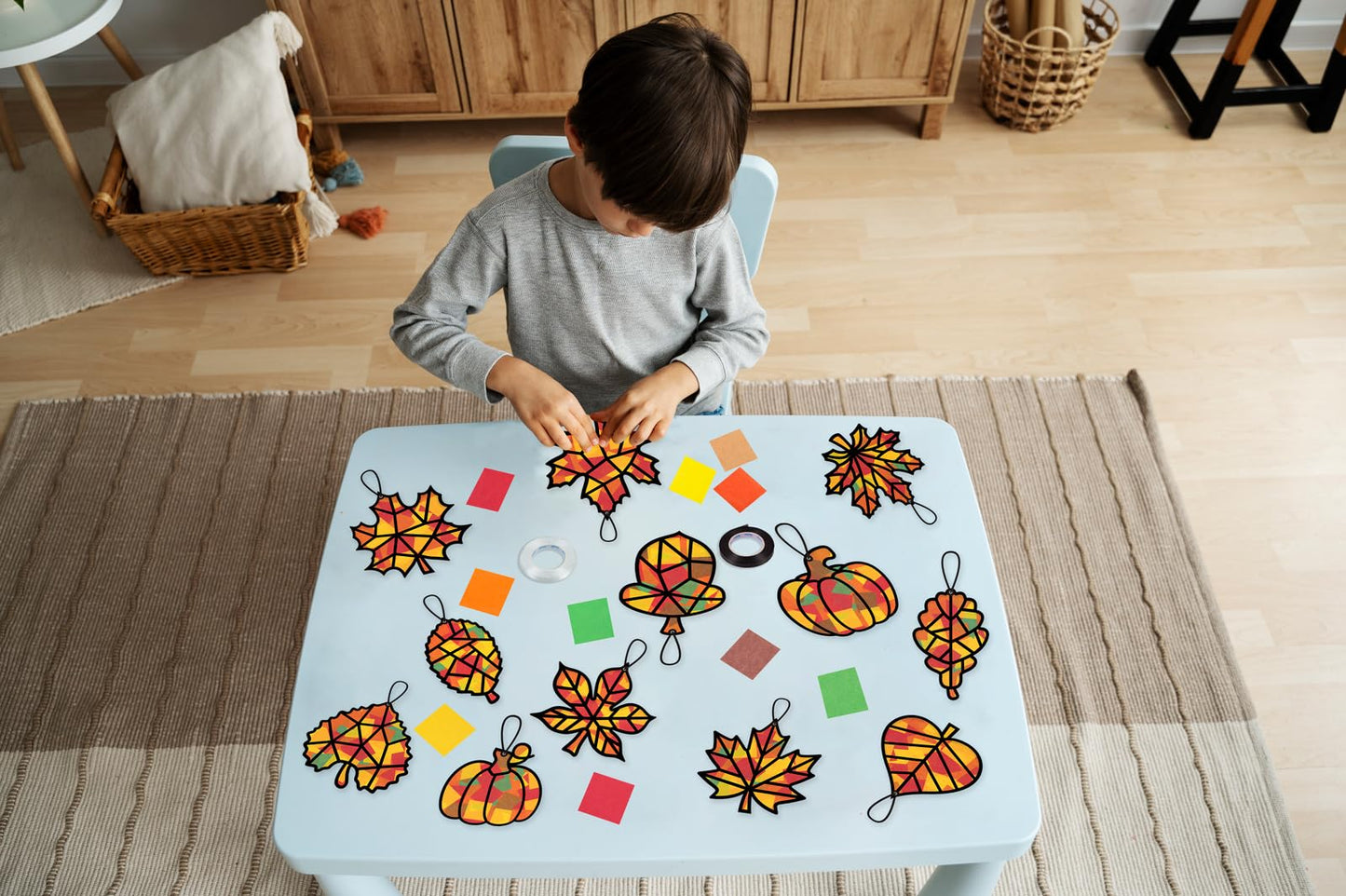 Renbuzhu 40PCS Fall Crafts Bulk: Leaves Pumpkins Paper Suncatchers DIY Kit for Autumn Thanksgiving Activities Decorations, Window Stained Glass Effect Art Supplies(Black Frame)