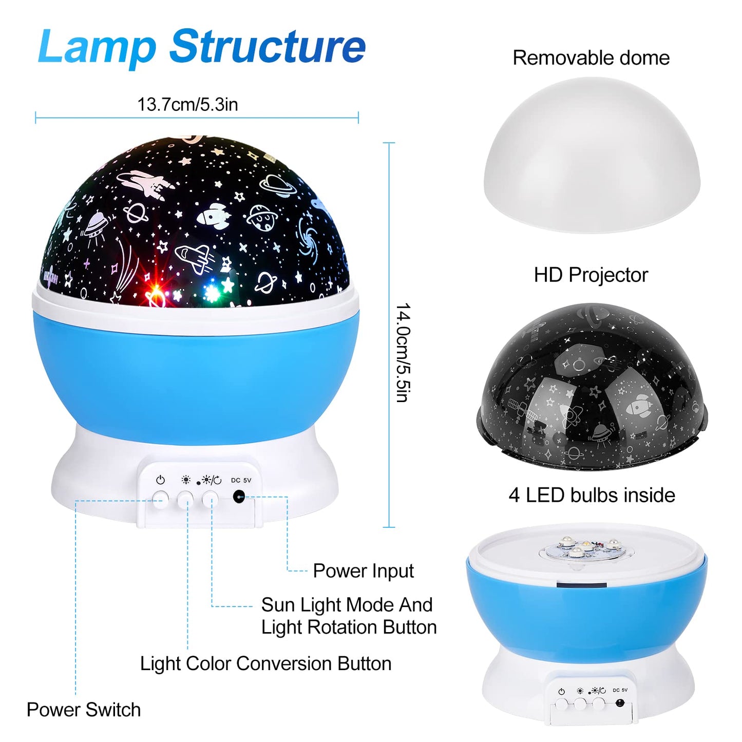 Christmas Baby Night Lights with Remote Control,Moon Projector 360 Degree Rotation - 4 LED Bulbs 8 Color Changing Light, Romantic Night Lighting Blue