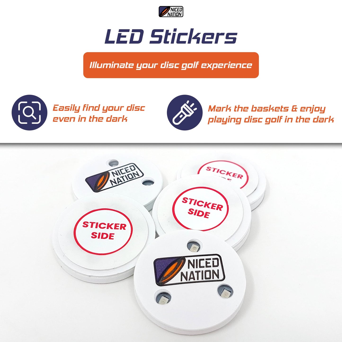 NICED NATION Red LED Stickers for Disc Golf Discs and Baskets – Play Disc Golf at Any Time of Day, Even in the Dark (Pack of 5)