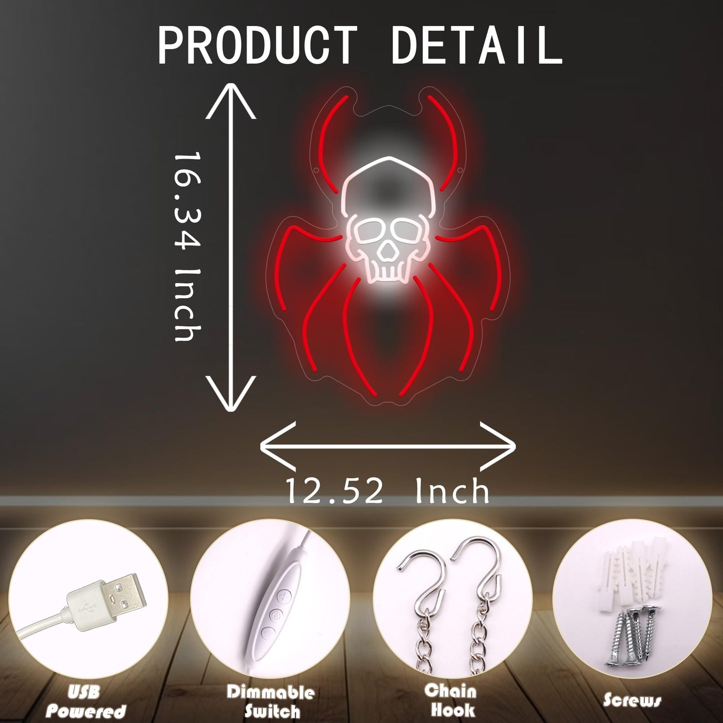 Spider Skull Neon Sign, Halloween Skull LED Light for Party & Home, Creepy Skull Decor Wall Sign for Halloween Decorations, USB Powered Halloween LED Sign for Holiday Party Decor