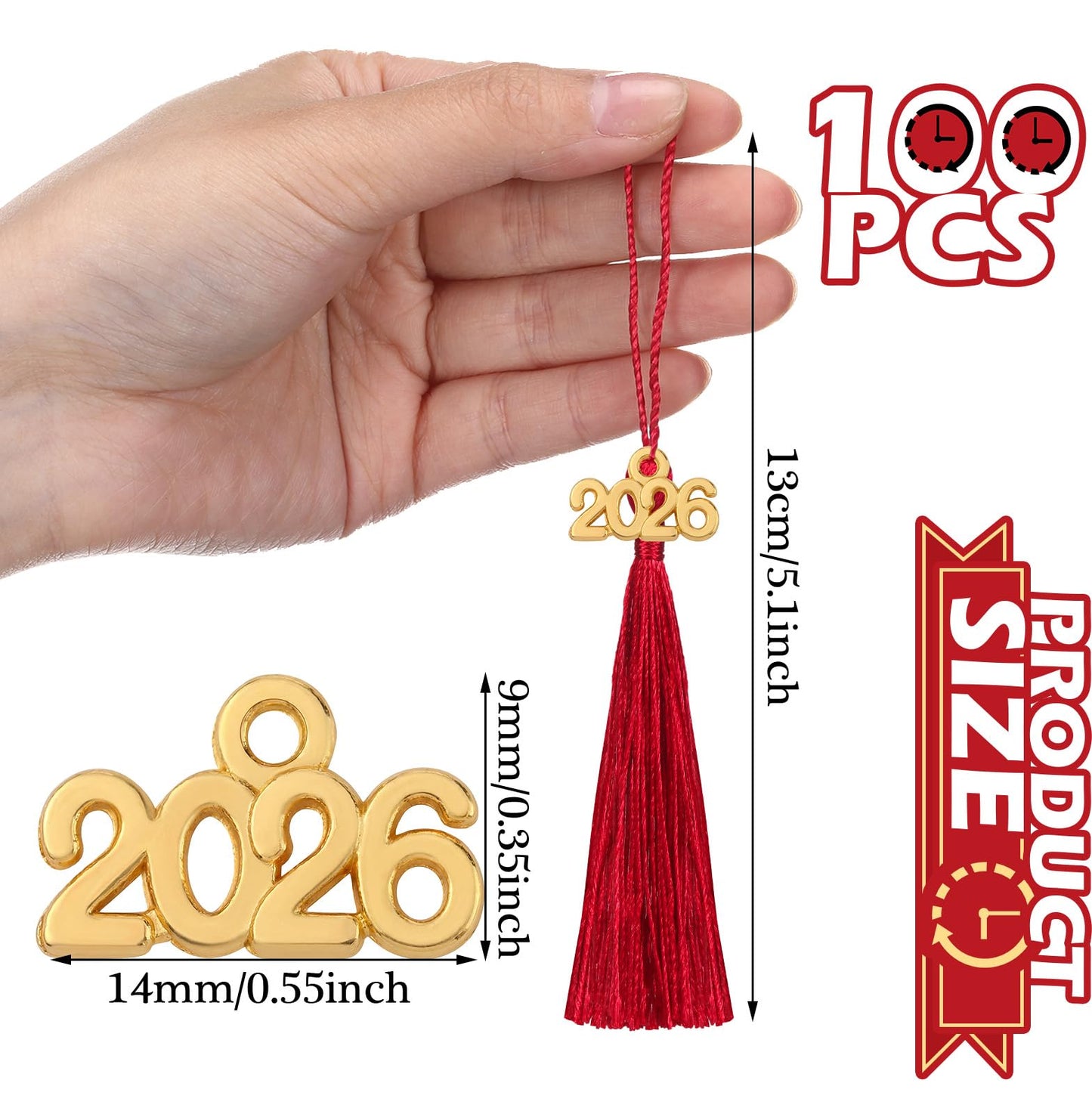 Cindeer 100 Pcs Mini Graduation Tassels with 100 Pcs 2026 Tassel Charms for Crafts Mini Silky Bookmark for Graduation Cap Keychain Ornaments DIY Craft Jewelry Making Project(Red)