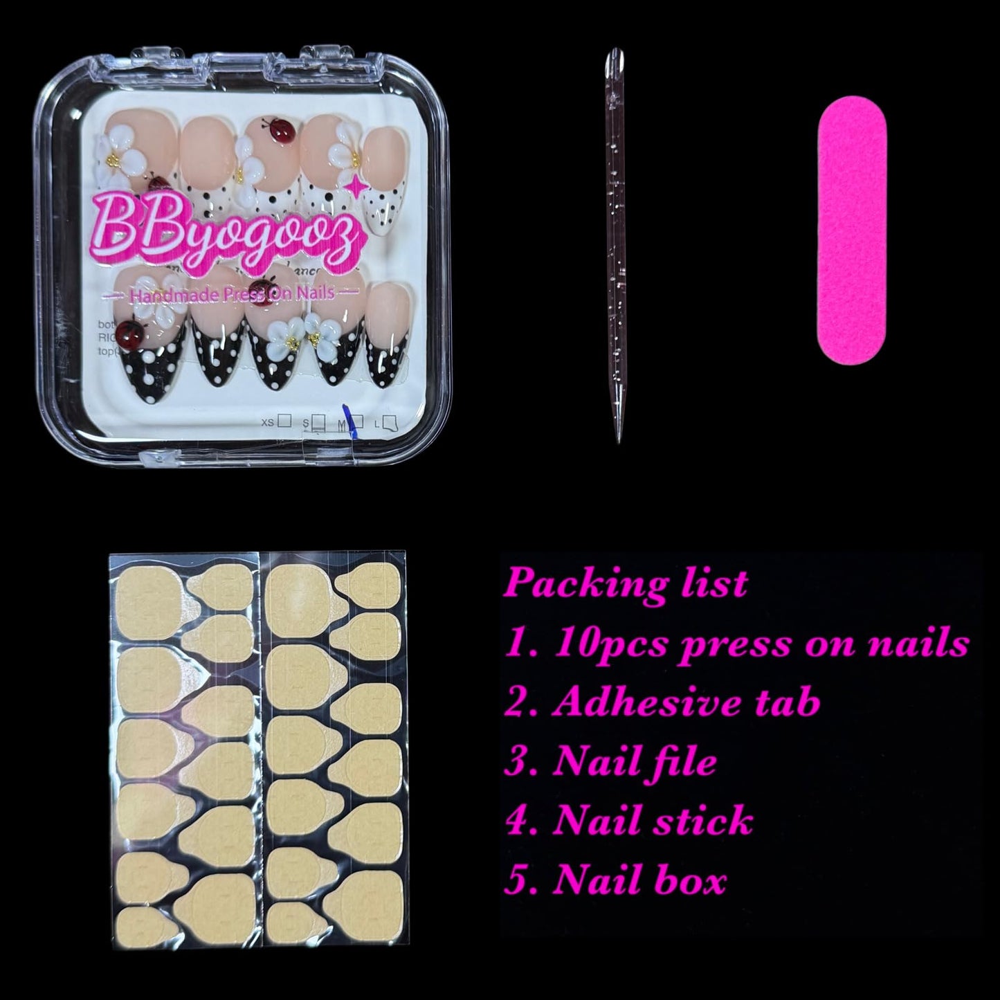 Handmade Press On Nails, 3D Floral & Ladybug Design - Medium Almond, Black & White Polka Dot with Nude Base, Thick Acrylic False Nails Ladybird (L)