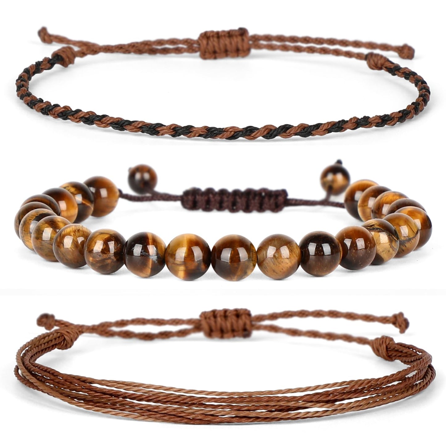 QOGIR Handmade Healing Bracelet,8mm Natural Yellow Tiger Gem Stone Beads Bracelet,for Men Women Gifts with 2PCS Size Adjustable Rope Bracelets
