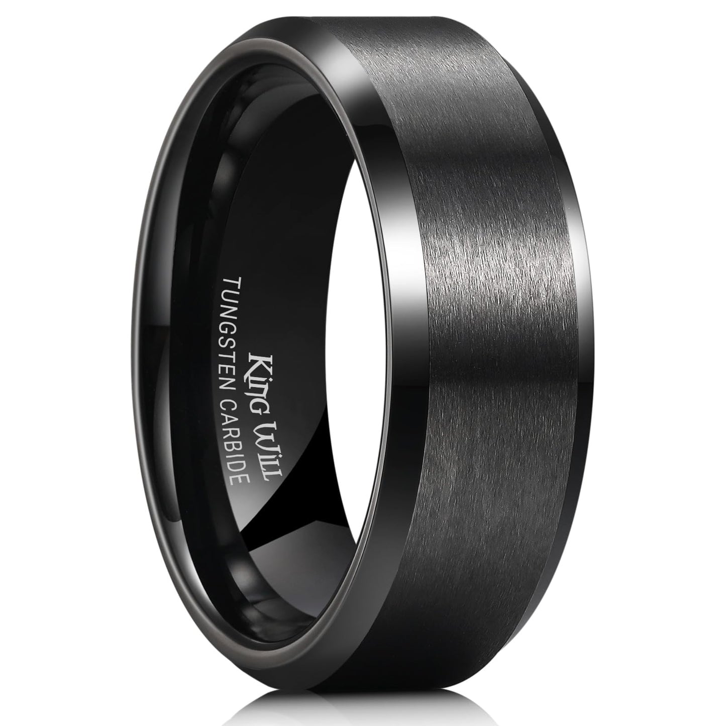 King Will 8mm Men's Black Wedding Ring - Brushed Matte Surface, Beveled Polished Edge, Comfort Fit Size 4
