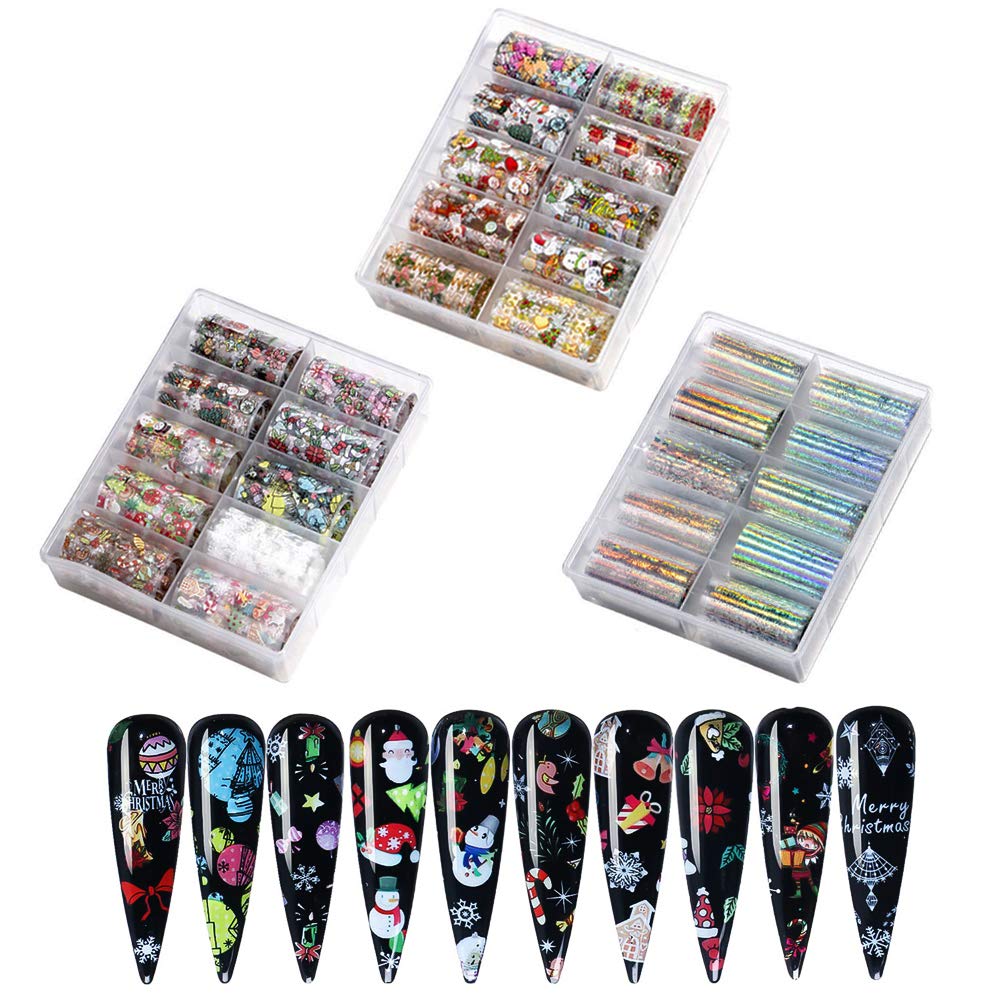 3 Boxes Christmas Nail Art Foil Transfer Stickers, Kalolary Christmas Nail Foil Transfer Wraps Snowflake Santa Nail Decals Adhesive Glitters Acrylic DIY Xmas Nail Decoration, 30 Rolls