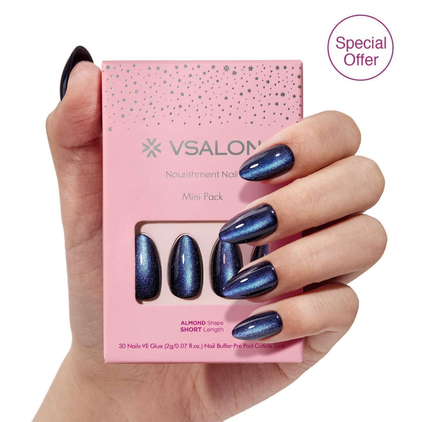 VSALON Oval Short Press on Nails, Silver Gray Star & Moon Summer Celestial Cat Eye Glossy 3D Art Nail Kit & Blue Cat Eye Mini Pack