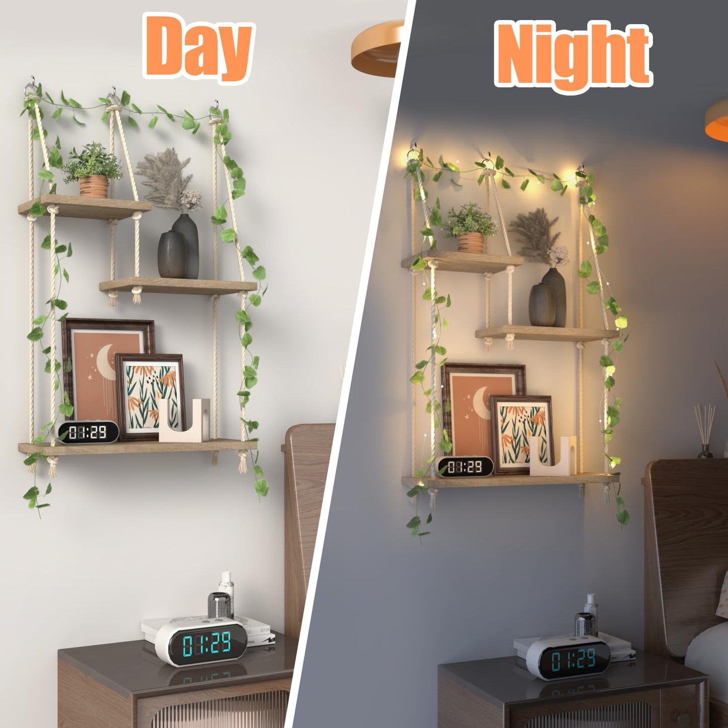 Hanging Shelves for Wall with Vine Lights 3 Tier Boho Wall Shelf Macrame Floating Shelves Rope Rustic Wood Organizer Storage Hanger Rack Decor Aesthetic for Succulents Kitchen Bedroom Bathroom