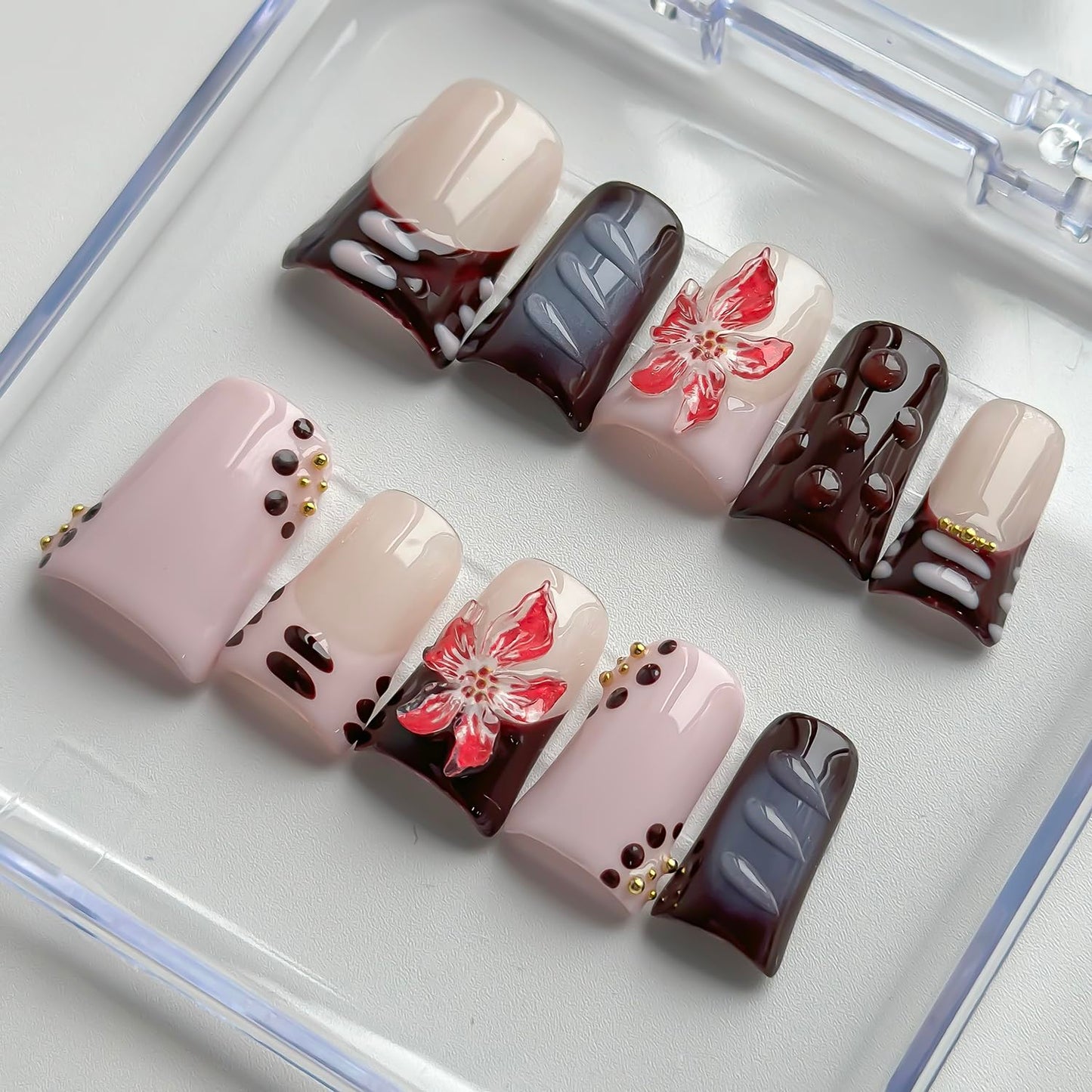Luxury Press on Nails Short Duck Handmade 3D Unique Reusable ABS Material Fake Nails French Tip False Nails with Designs Flower Polka Dots Purple Glossy Glue on Nail Thick Acrylic Nail(S)