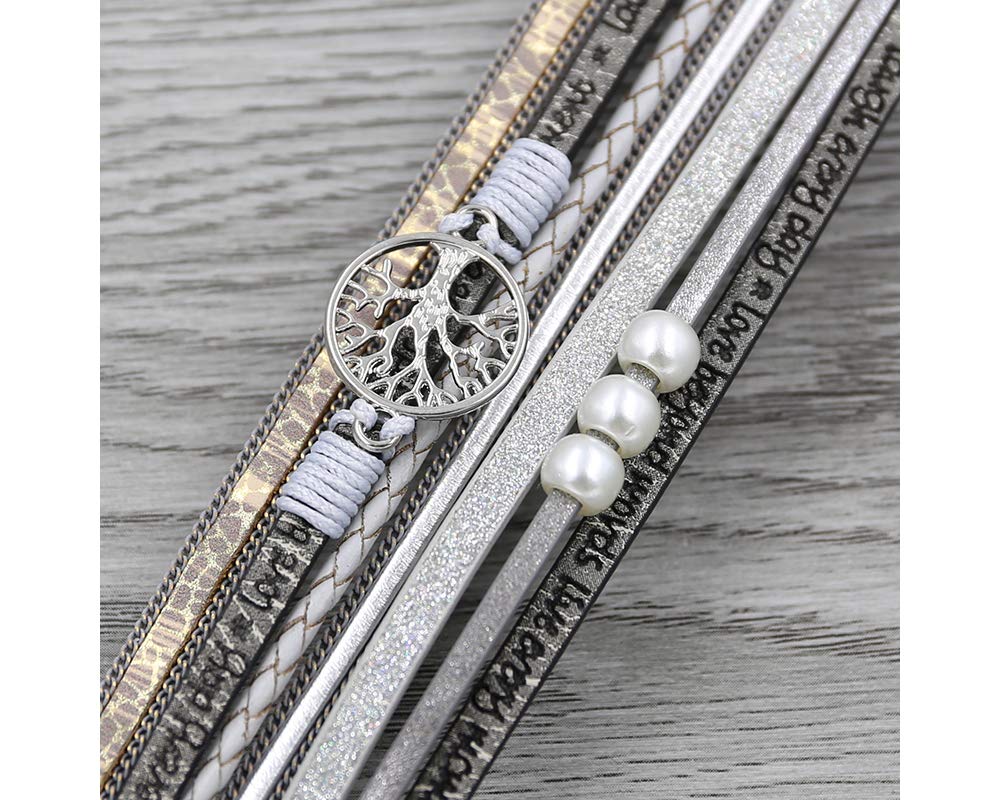 Fesciory Leopard Bracelet for Women, Boho Leather Wrap Multi-Layer Pearl Crystal Bracelet Bangle Jewelry(Tree of Life(Grey))