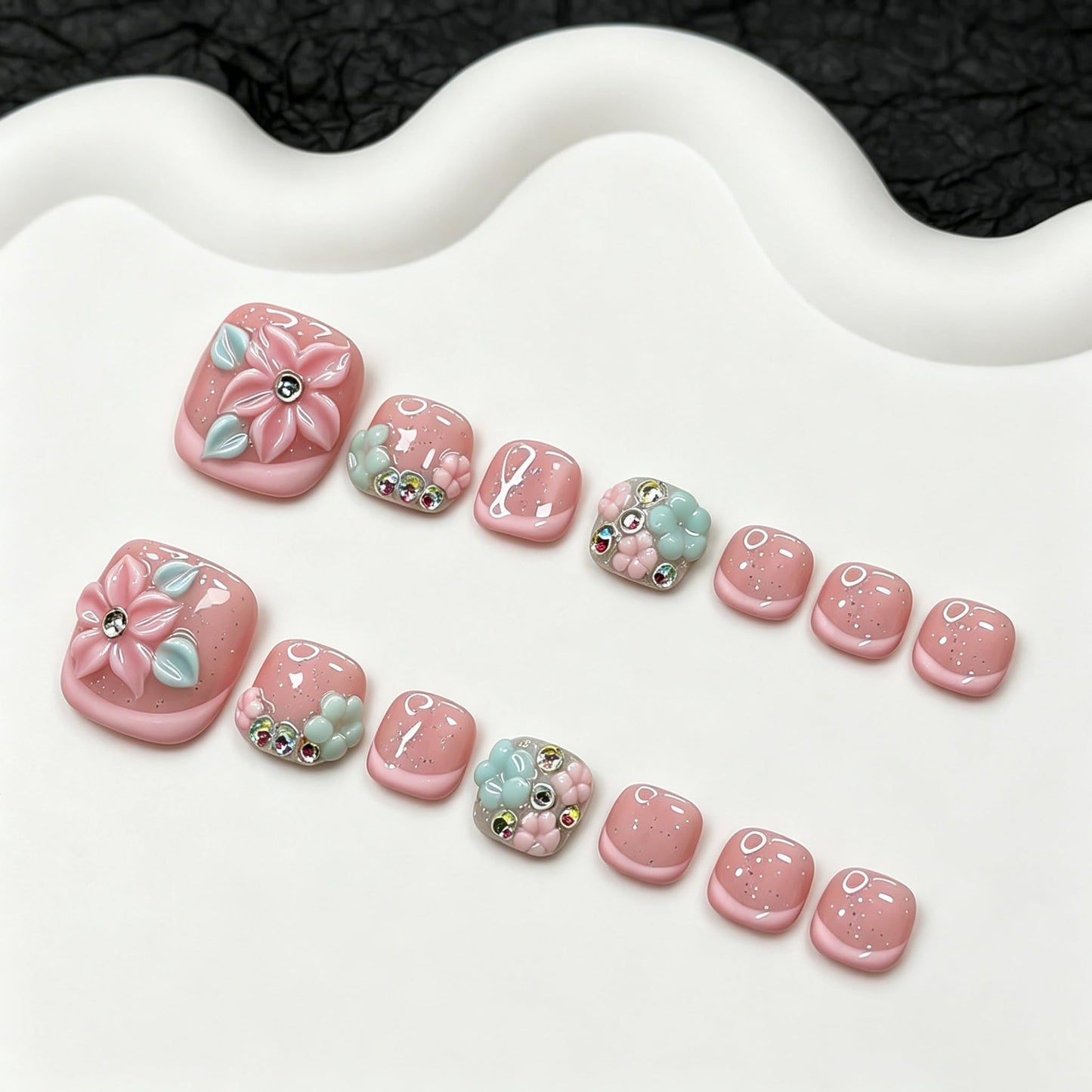 14 Pcs Handmade Luxury Press on Toenails with Handmade 3D Bling Rhinestones & Flower Designs Short Square Stick on Toe Nails Pink French Tip Fake Toe Nails for Women Manicure Decor (S)