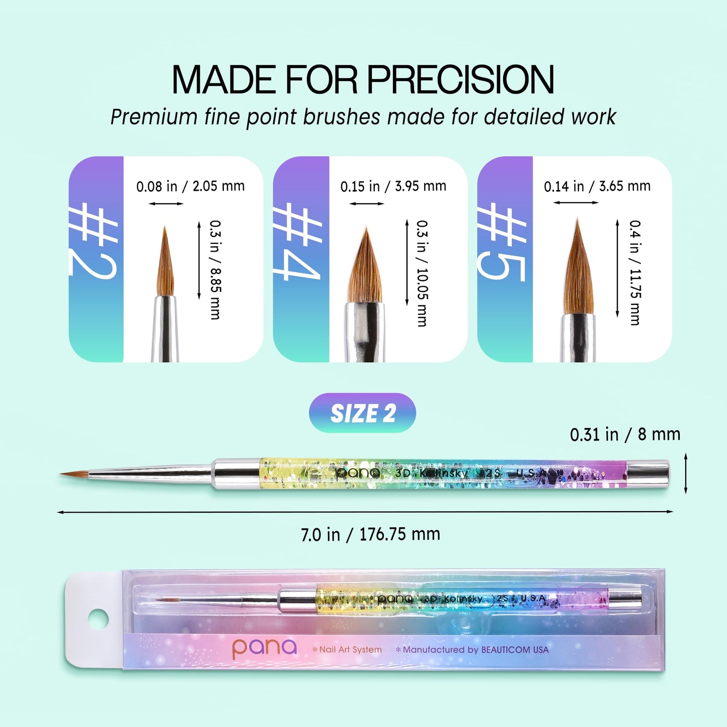 PANA Kolinsky 3D Acrylic Nail Brushes with Liquid Glitter Handle - For Professional Acrylic Powder Liquid Manicure Pedicure (Rainbow Color, Size #2)