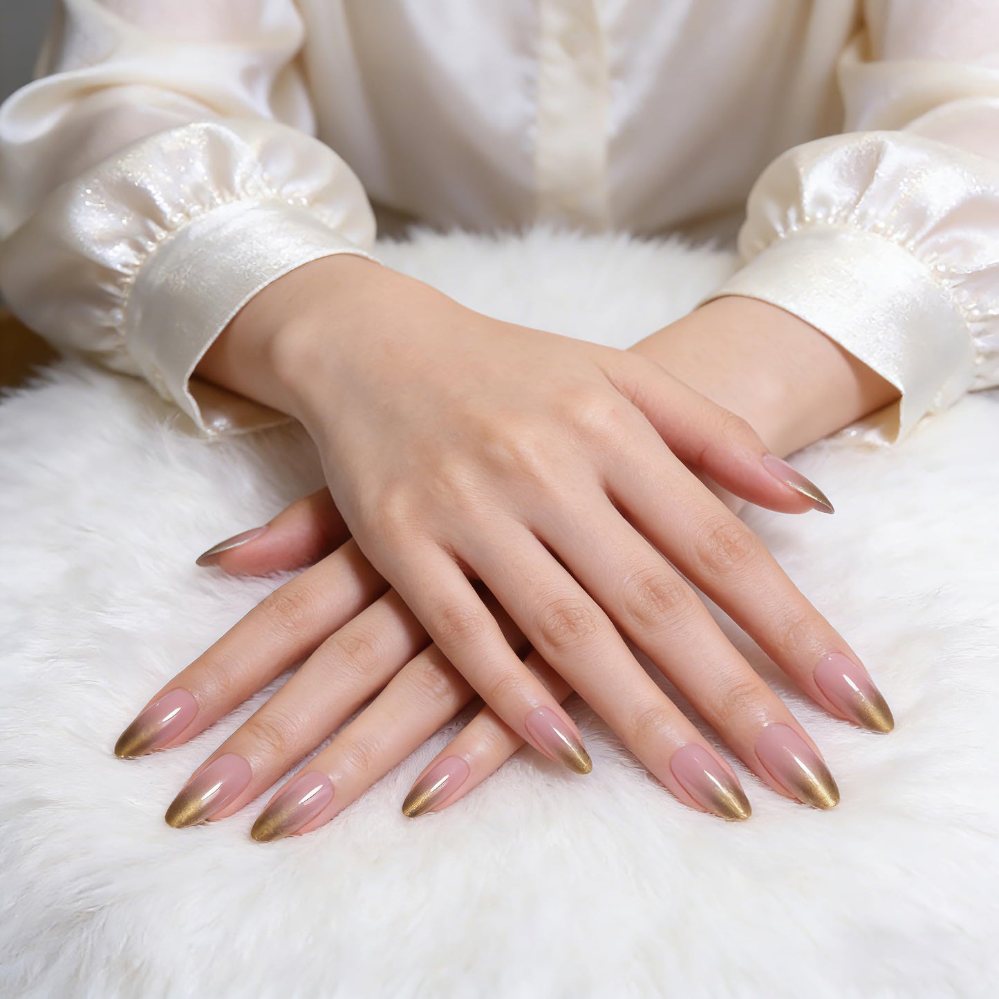 Goolich Gold Chrome French Tip Press On Nails Medium Almond, Sheer Pink Nails Press ons Set with Adhesive Tabs, 24 Pcs 12 Size Reusable Full Cover Glue on Nails for Women