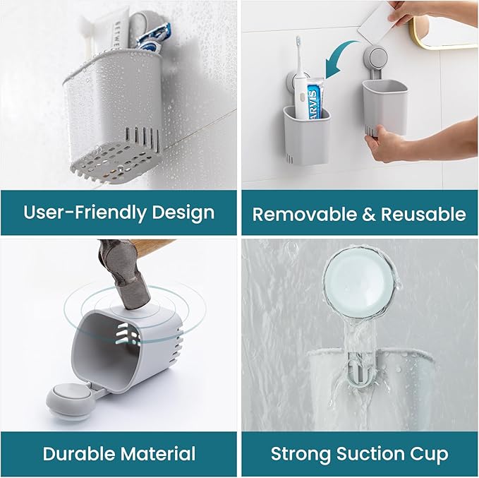 TAILI Suction Toothbrush Holder 2 Pack, Powerful Toothpaste Toothbrush Suction Cup, Self-draining Shower Razor Holder, Shower Toothbrush Holder for Wall, Kitchen Tableware Holder, Gray
