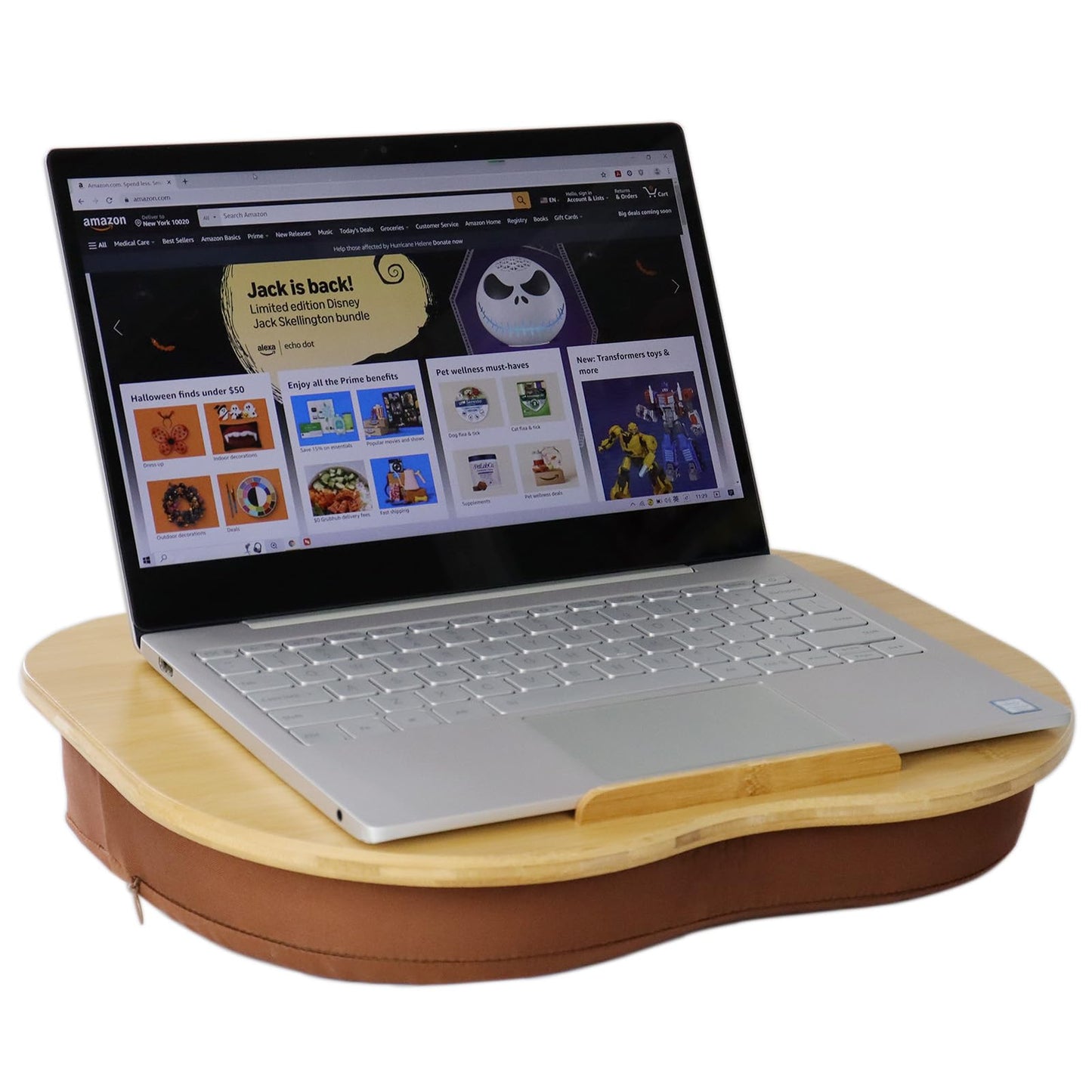 SANJIMO Lap Desk for Laptop with Cushion-Fits up to 15 inch, Bamboo Computer Laptop Stand with Phone Hoder, Anti-Slip Stopper