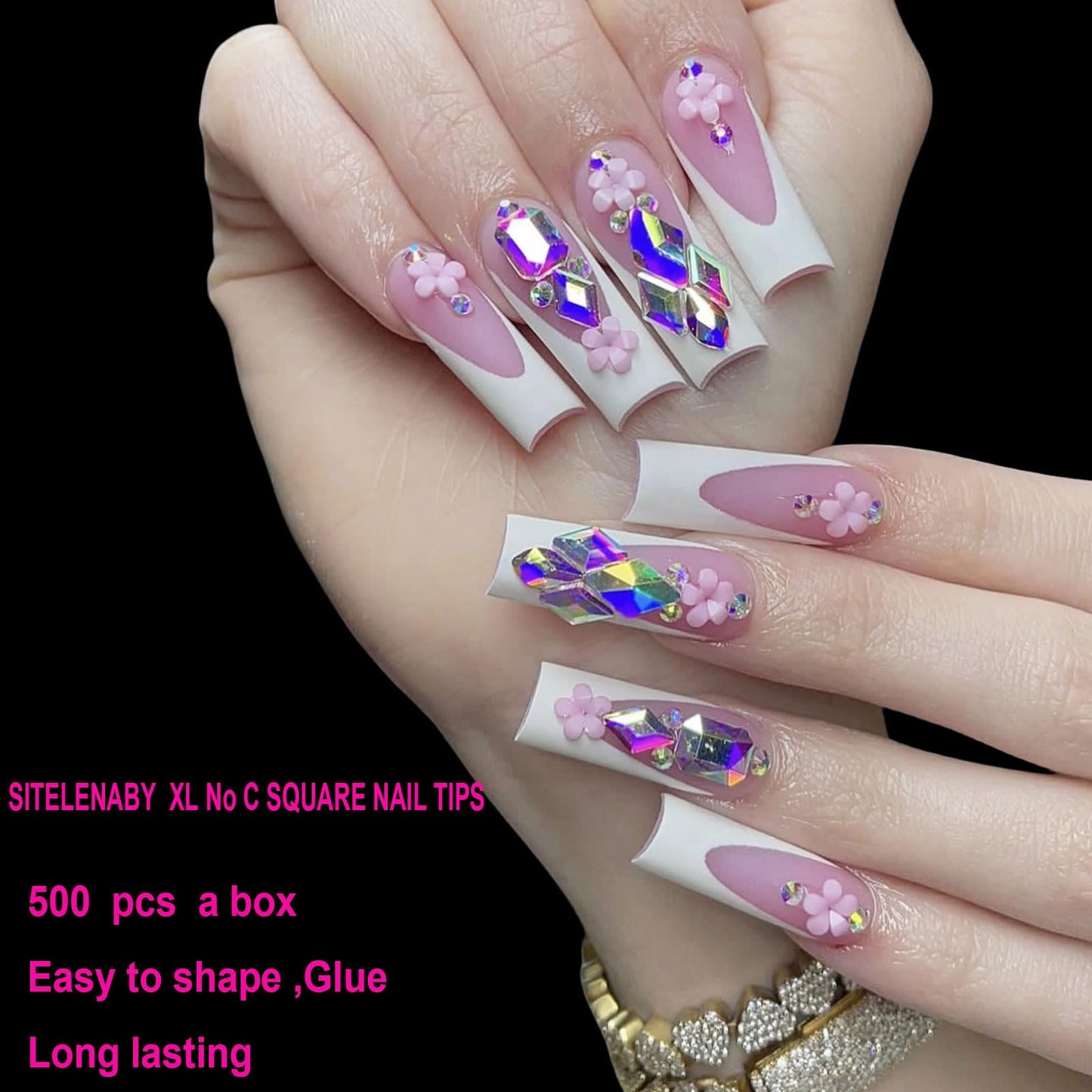 SITELENABY No C Curve XL Nail Tips 500PCS,Tapered Square Flattened Half Cover False Nails for Nail Salons and DIY French ABS Nail Tips(XL no c square 500pcs)