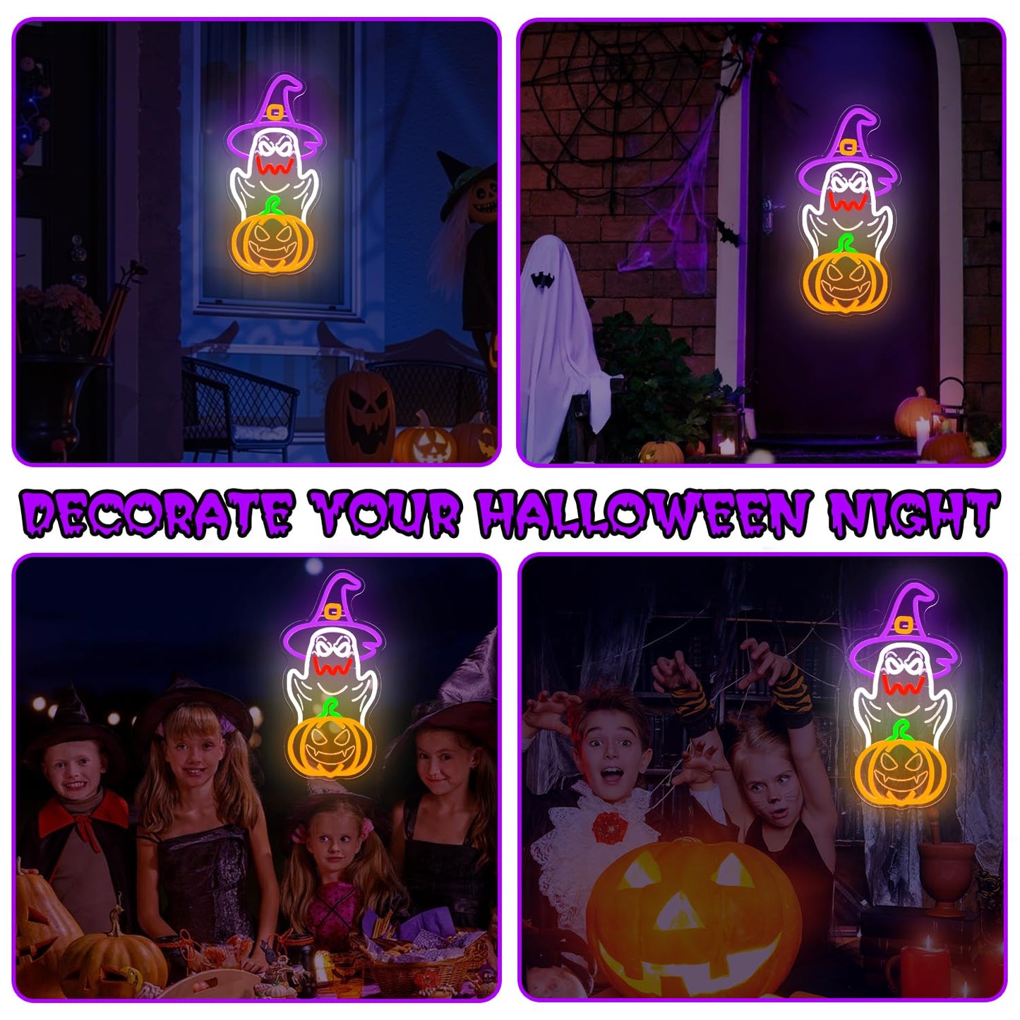 hhuohuona Halloween Neon Sign Dimmable Ghost Led Sign Halloween Ghosts With Witch Hat Neon Lights Jack-O'-Lantern Light Up Sign Spooky Boo Window Lights