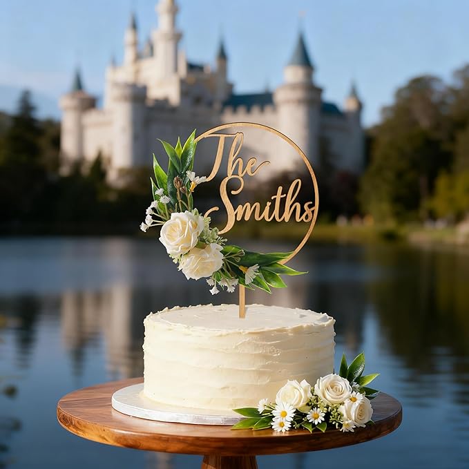 3D Flowers Wedding Cake Topper Personalized Last Name Wedding Cake Decoration in Wood with 3D Artificial Roses