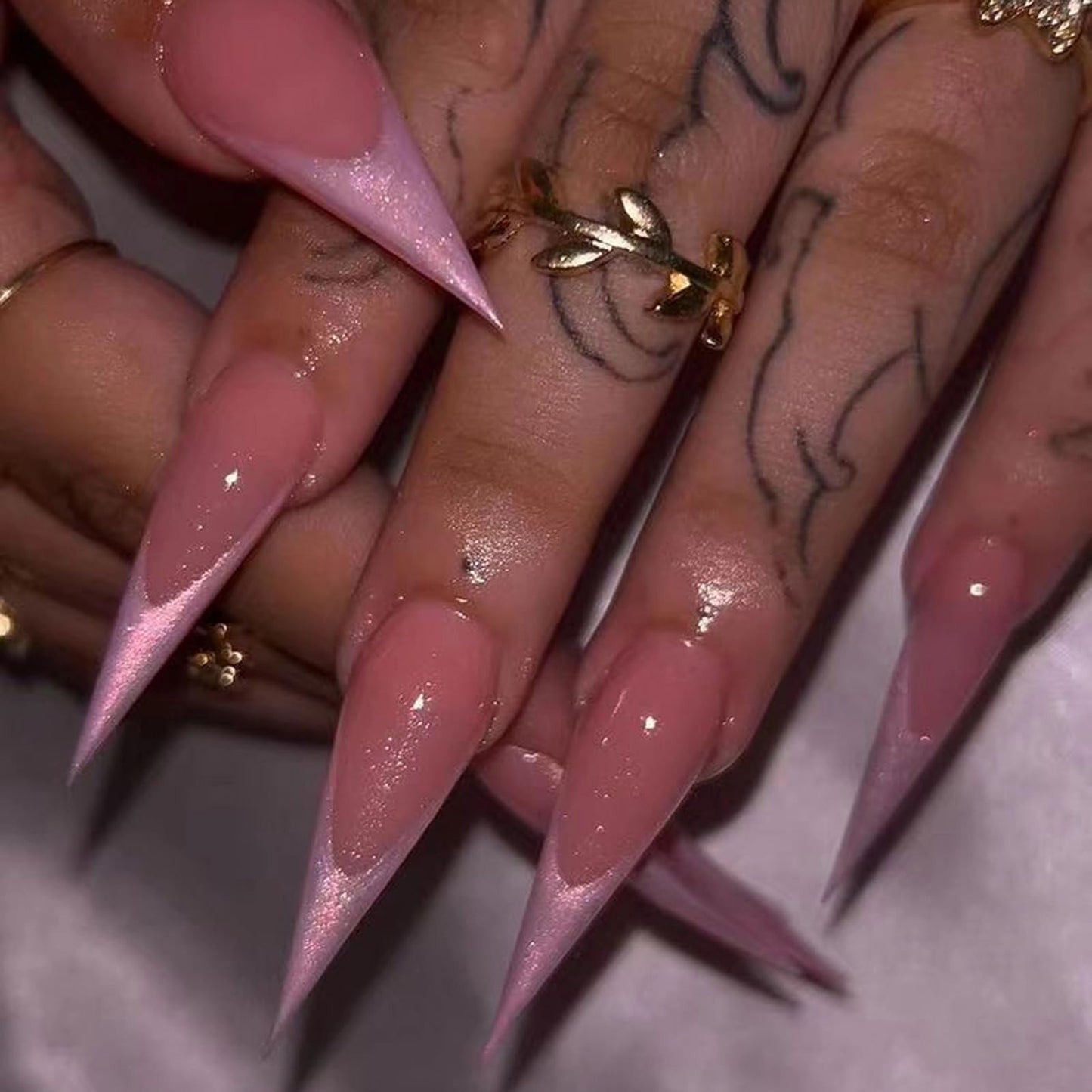 MISUD Press on Nails - Long Stiletto Glue on Nails with Pink French Tip, Acrylic Bling Glitter Design 24 pcs