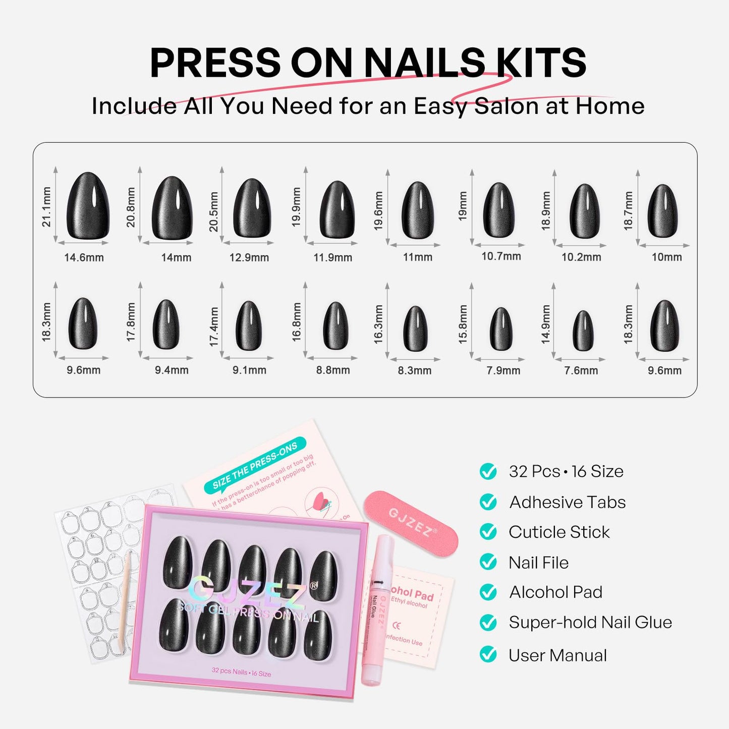 Black Cat Eye Press On Nails Short - GJZEZ Soft Gel Almond Galaxy-Like Shimmer Cool Goth Press On Nails for Women, Winter Halloween Stick On Nails in 16 Sizes - 32PCS Reusable Glue On Nails, Ink Noir