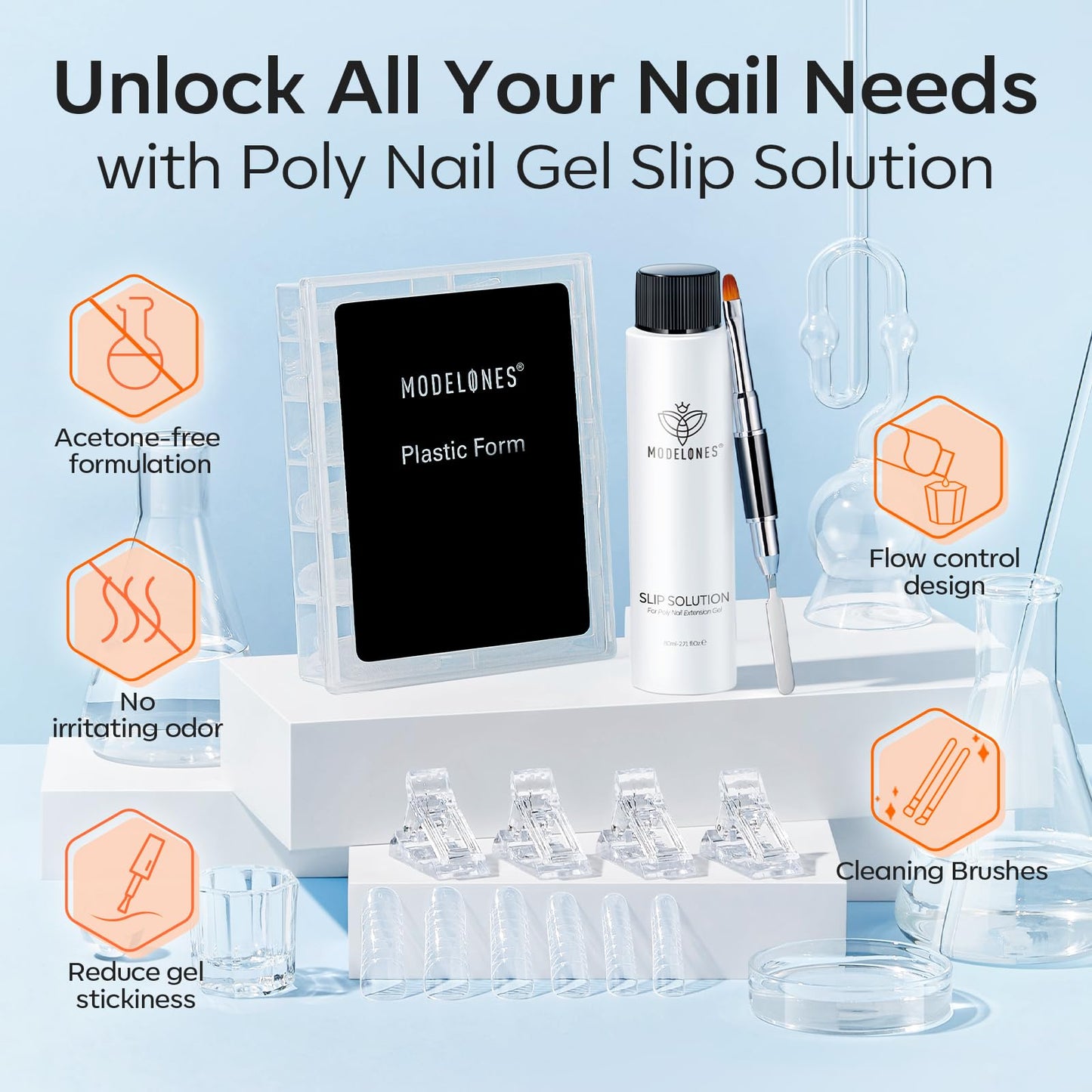 modelones Slip Solution for Poly Gel, 2.8oz Anti-Stick Liquid for Poly Gel with 120Pcs Flat Dual Nail Forms Nail Tips Clips Kit