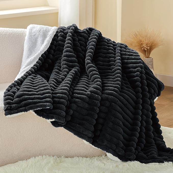 INFIIXSO Sherpa Throw Blanket for Couch - Super Soft & Warm Striped Fleece Blanket, Cozy Plush Fluffy Blanket All Season Use (Black, 50x60 Inches)