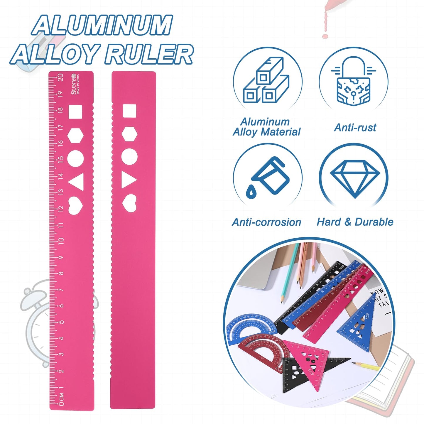 HARFINGTON 8pcs Triangular Ruler Set 20cm Aluminum Alloy Straight Geometric Protractor Triangle Engineering Scale Drafting Ruler Kit Measuring Drawing Tool for Classroom Office Home, Pink