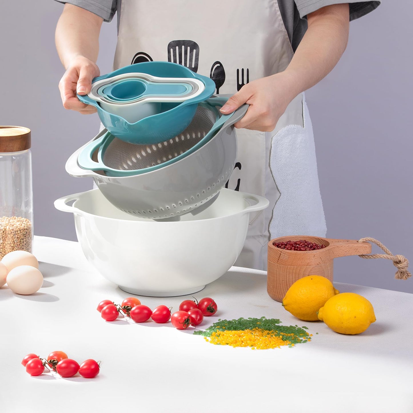 Mixing Bowls for Kitchen, 13 Piece Plastic Nesting Bowls Set Includes 2 Mixing Bowls, 1 Colander, 1 Sifter, 4 Measuring Cups, 5 Kitchen Gadgets for Baking Prepping Cooking and Serving, BPA Free