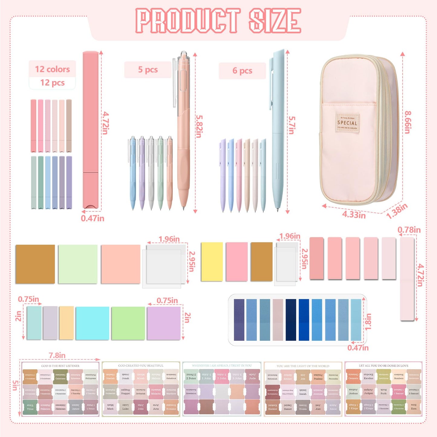 Chiisong 73 Pcs Aesthetic Bible Journaling Study Supplies Book Annotation Kit Pencil Case 12 Highlighters 14 Sticky Notes 5 Gel Pens 6 Press Pens 12 Labels for Christmas Bible School Gift(Pink)