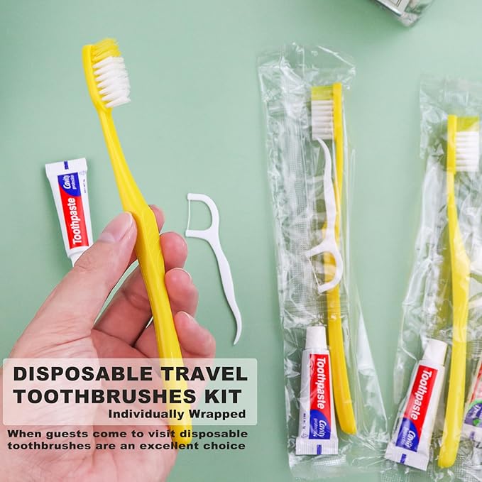 200pcs Disposable Toothbrushes with Toothpaste and Floss,Yellow Bulk Single Use Toothbrush Floss Pick Individually Wrapped Disposable Travel Toothbrushes Kit for Homeless,Airbnb,Hotel,Guest