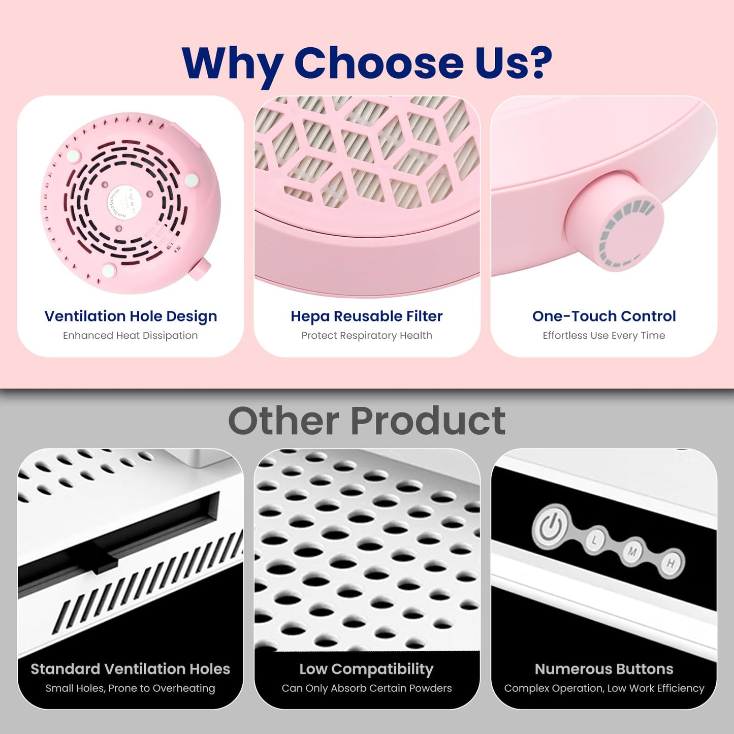 WISADA Nail Dust Collector, 4500RPM Powerful Suction Pink Nail Vacuum with Reusable Filter and Brush, Stepless Speed Control for Acrylics & Gels, Salon Tech & Home Essentials
