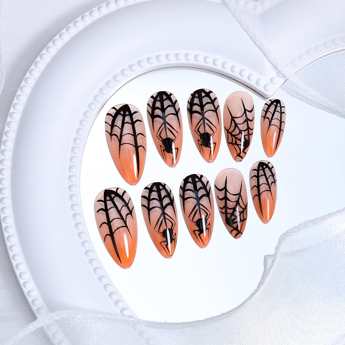 BMKKOT 24Pcs Halloween Spider Nails Set: Medium Almond ABS Press On Nails with Spider Design, Orange Glossy Full Cover False Nails for Women Manicure Decoration