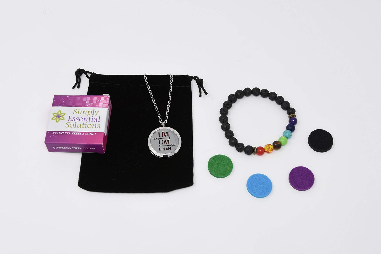 Aromatherapy Essential Oil Diffuser Stainless Steel 30MM Silver Magnetic Locket Pendant 2 Sizes Chain Necklace, Refill Pads & Diffuser Bracelet in a Velvet Bag (Live Love Dream)