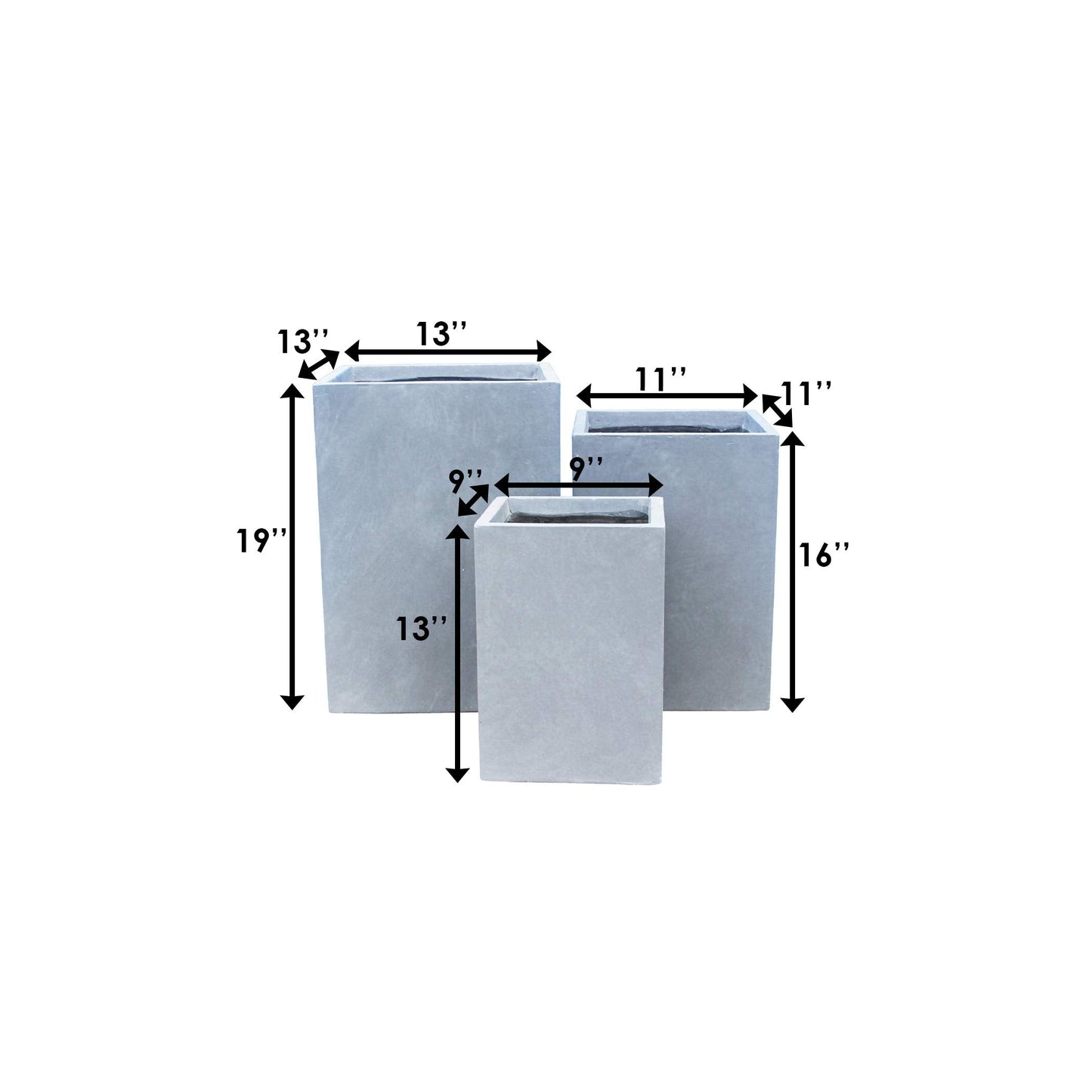 Kante AF0007ABC-60611 Lightweight Concrete Square Outdoor Planter, Set of 3, 19 Inch Tall, Gray
