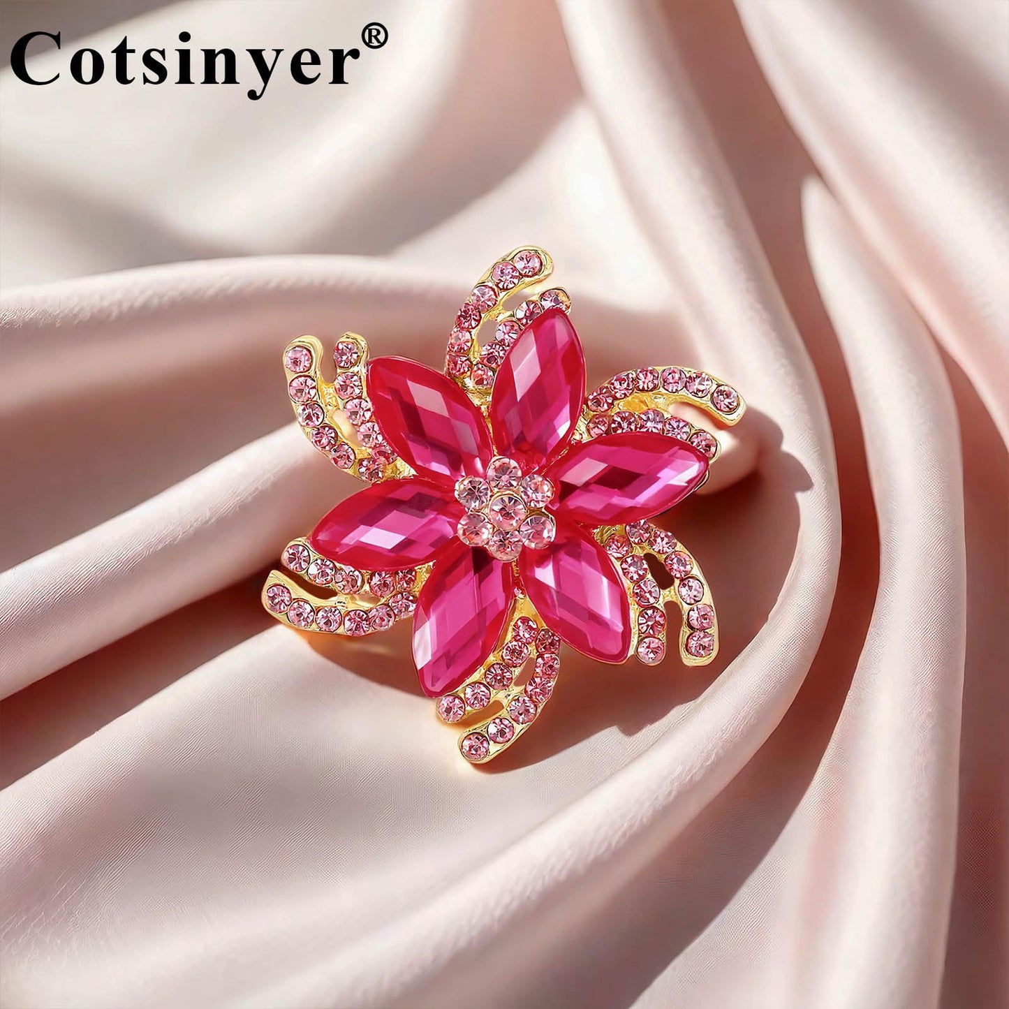 Cotsinyer Flower Brooch for Women - Cute Gold-Toned Pin with Pink Rhinestones & Crystals for Lapel, Hat, and Scarf