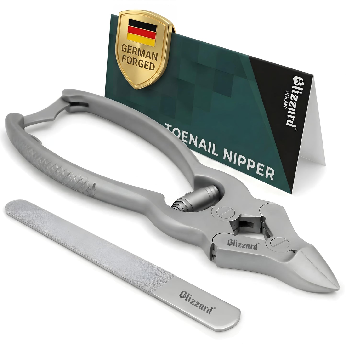 Blizzard Toenail Clippers - Podiatrist Toe Nail Clippers for Thick Nails for Seniors - German Forged Nail Cutter - Heavy Duty Double Action Nail Clippers for Men with Toenail File - 6" Barrel Spring