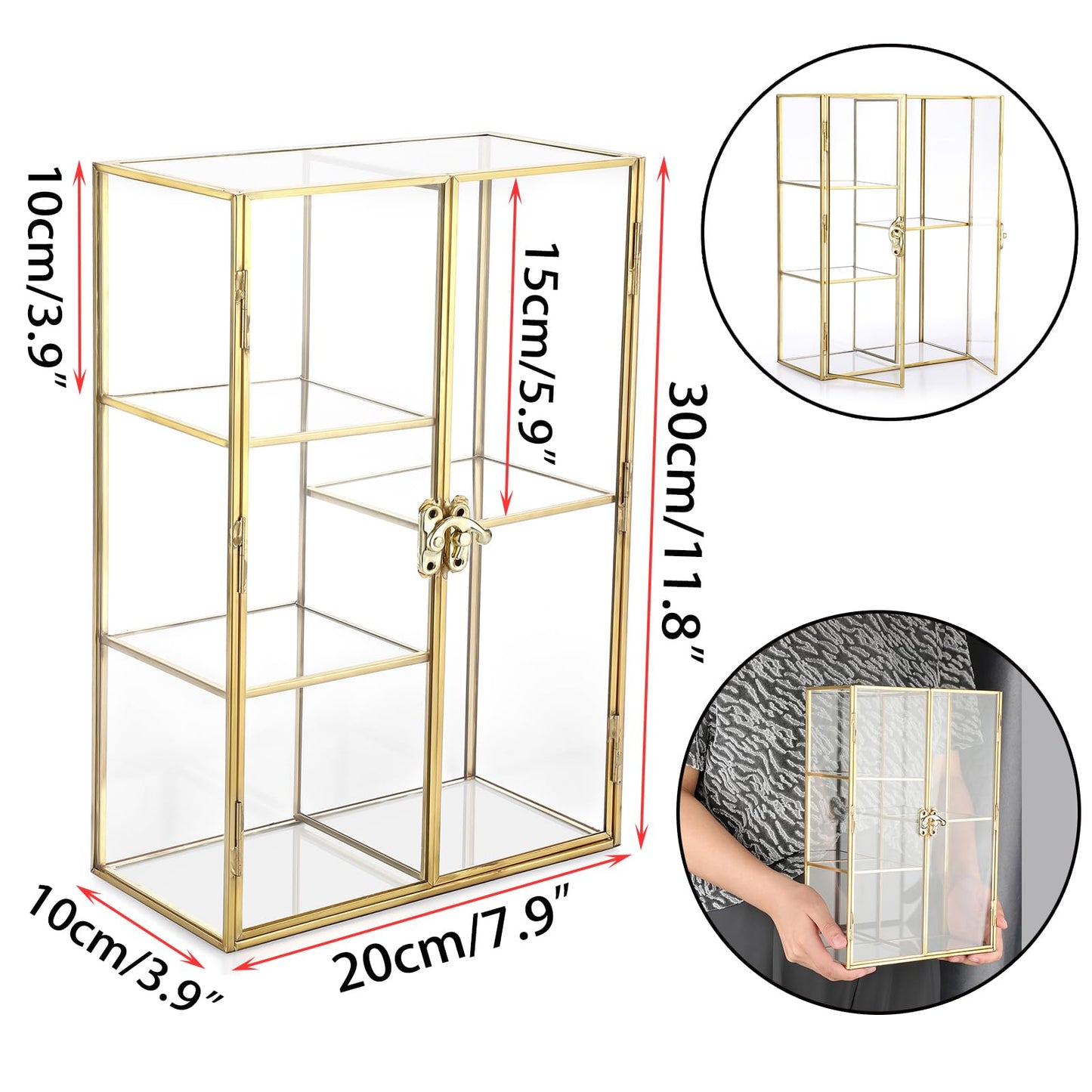 ELLDOO 5 Slots Clear Glass Storage Box, Gold Jewelry Makeup Display Organizer Case, Decorative Tower Box Storage for Trinket Perfume Lipstick Figure Statue Toy Display