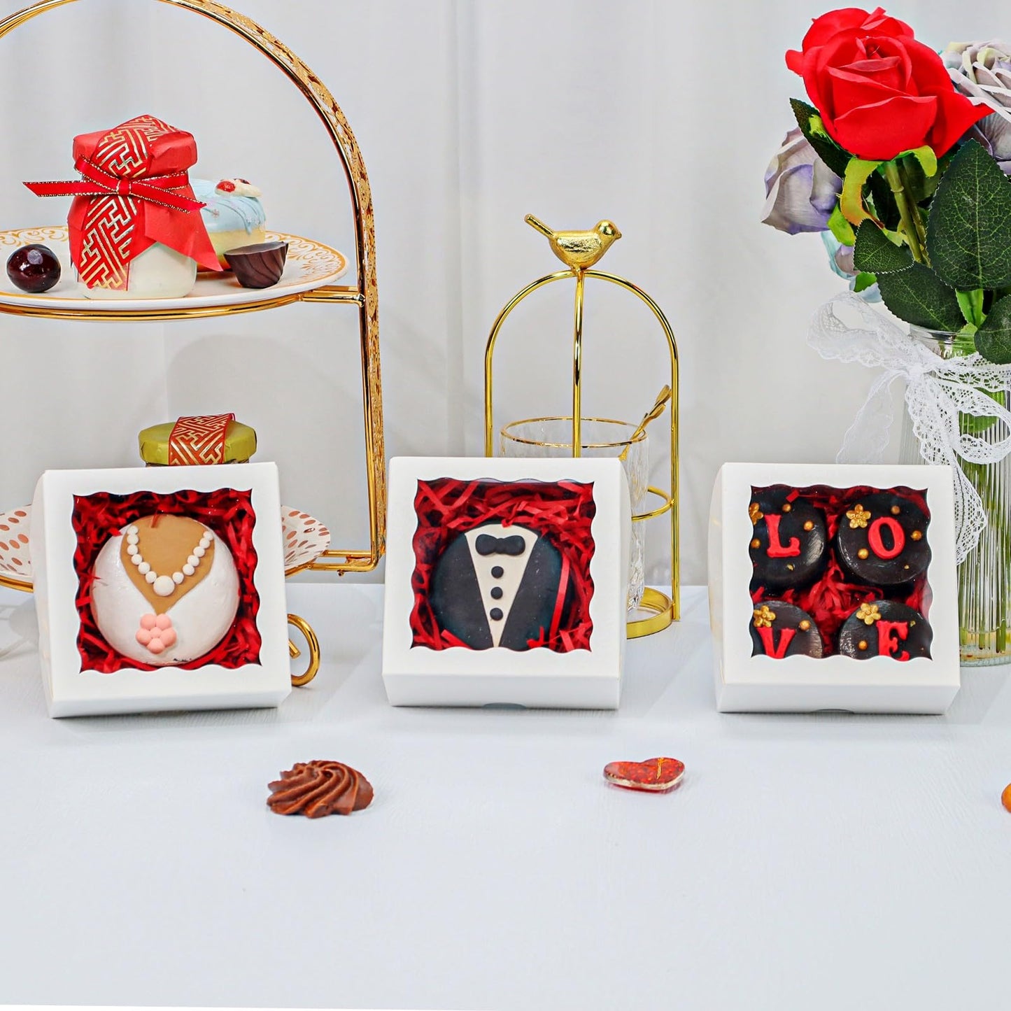 JCXGRVC 50Pack 4x4x2 Inch Cookie Boxes with Window Bakery Boxes Treat Boxes Truffle Boxes Party Wedding Favor