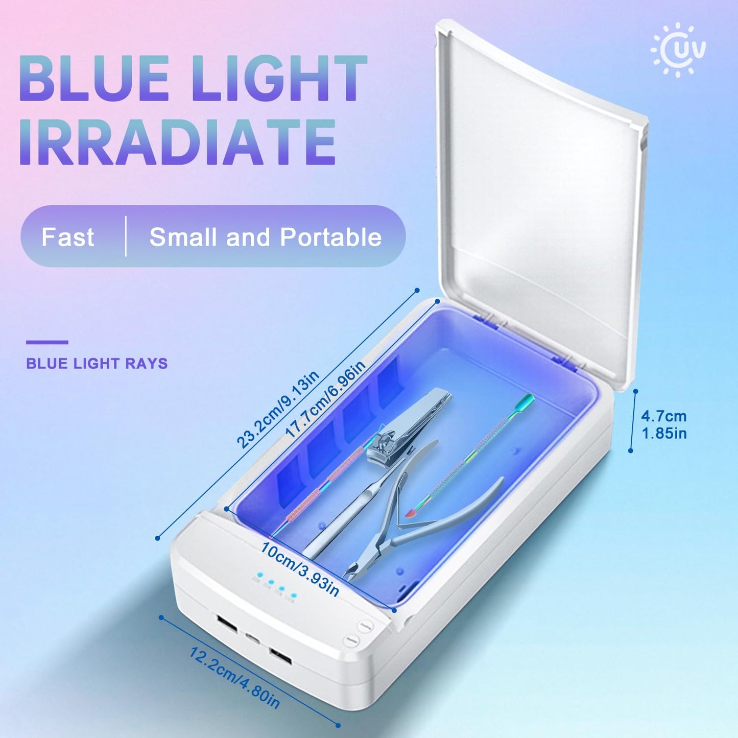 UV Light Nail Tool Cleaner Portable USB Cleaning Box 360° UV Cleaning Container Multi-function Aromatherapy Cleansing Box Manicure Tools Clean Machine for Nails Supplies Salon Phone Glasses White