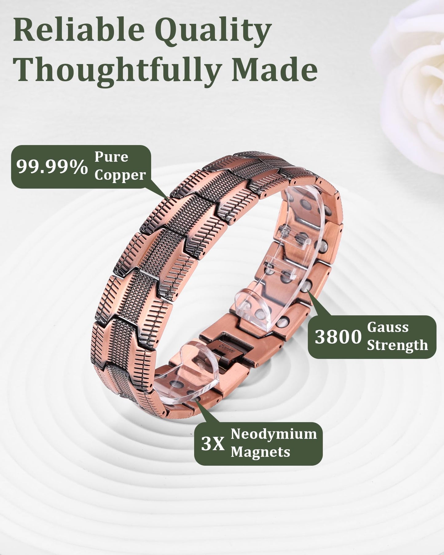 Fashtour 3X Copper Bracelet for Men Triple Ultra Strength Magnets, Masculine Design Pure Copper Magnetic Bracelet and Ring Set, Adjustable Length with Sizing Tool