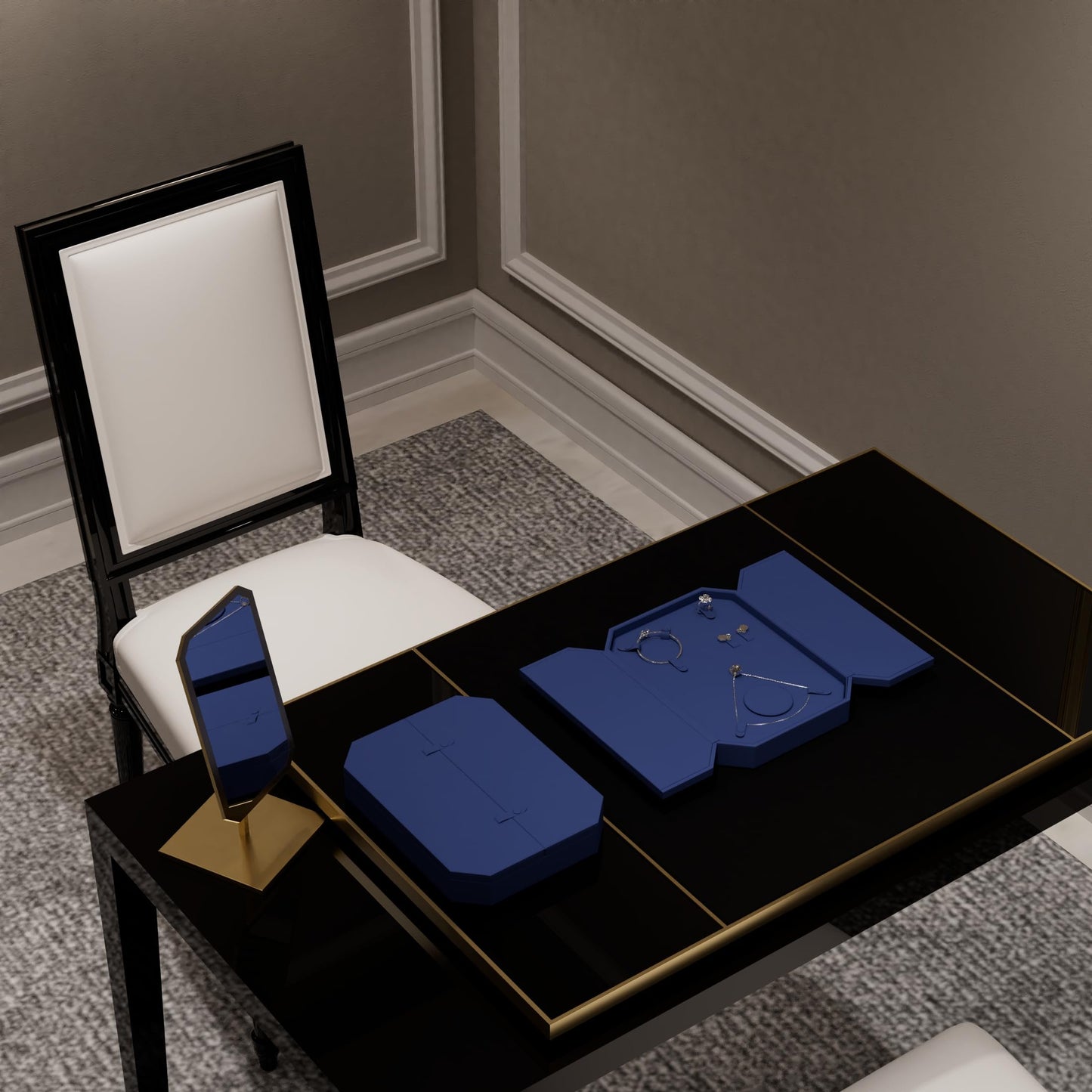 Oirlv Navy Blue Velvet Jewelry Set Storage Box, Luxury Organizer for Necklaces, Bracelets, Rings & Earrings, Elegant Gift Case