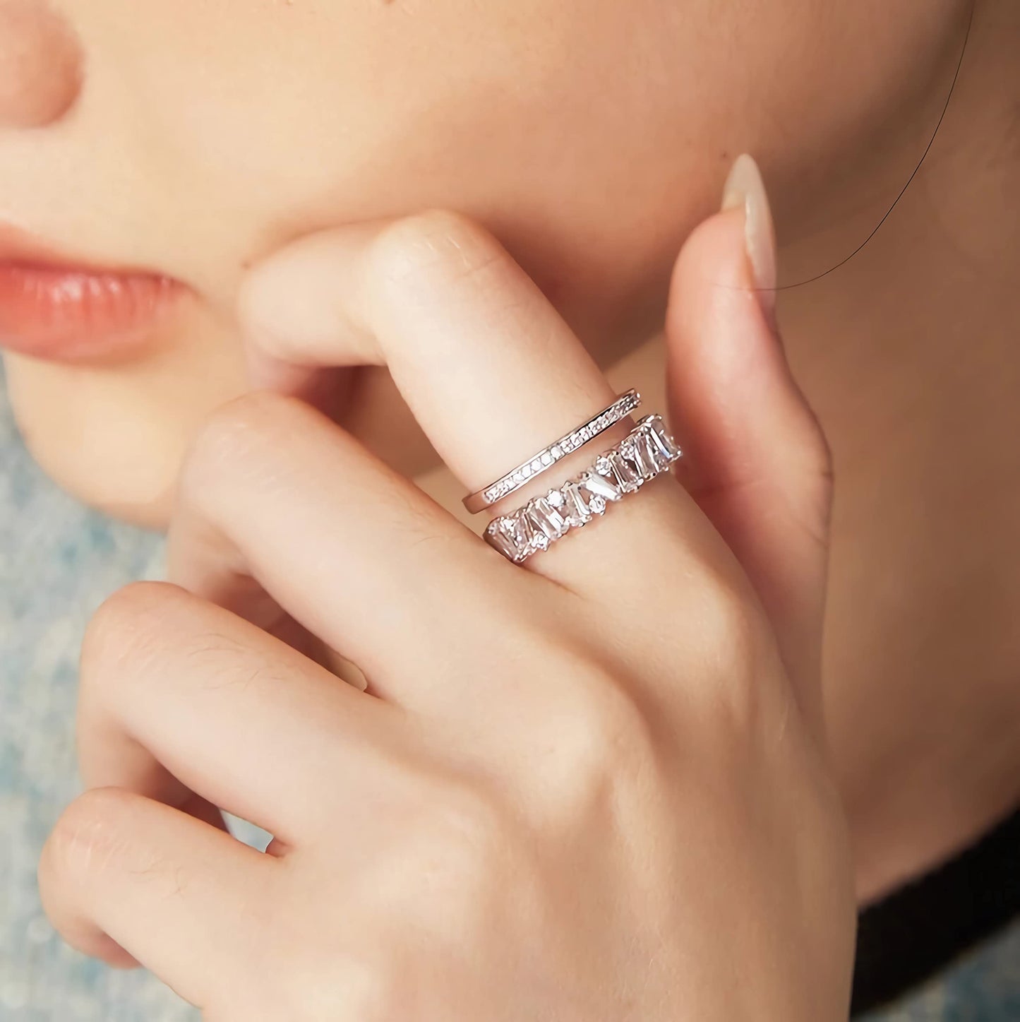 VOPIPO Dainty Double Cubic Zirconia Open Finger Rings for Women Silver Rings Adjustable Trend CZ Rings Personalized Minimalist Stacking Statement Rings Jewelry Gifts