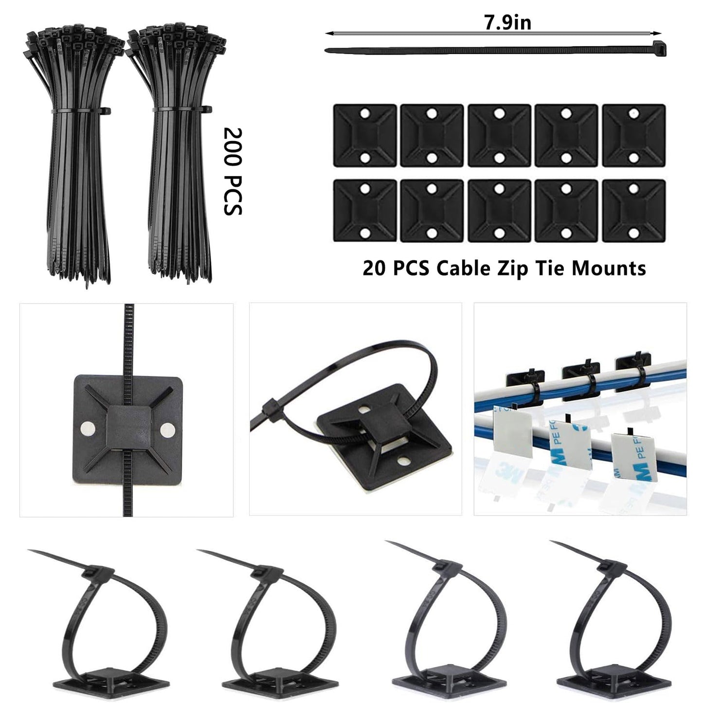 ELII 300PCS Cable Management Kit,4 Cable Sleeve 35 Cable Clips with 11Cord Holders,20 Roll Cable Organizer Straps and 200 Fastening Cable Ties,20 Cable Zip Tie Mounts for Computer TV Under Desk