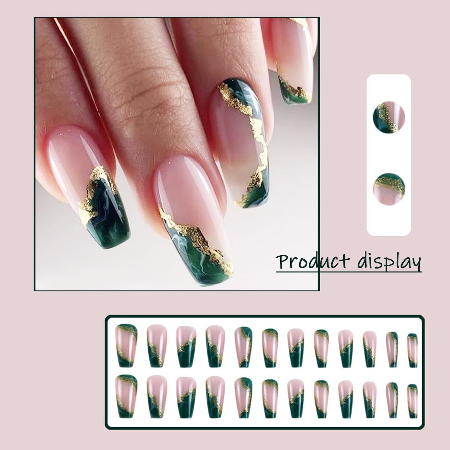 Dark Green Press On Nails - Medium Marble False Nails with Glitter Designs, Glossy Gold Foil, Coffin Shape, Reusable Acrylic, Full Cover Artificial Nails, Glue On, 24pcs